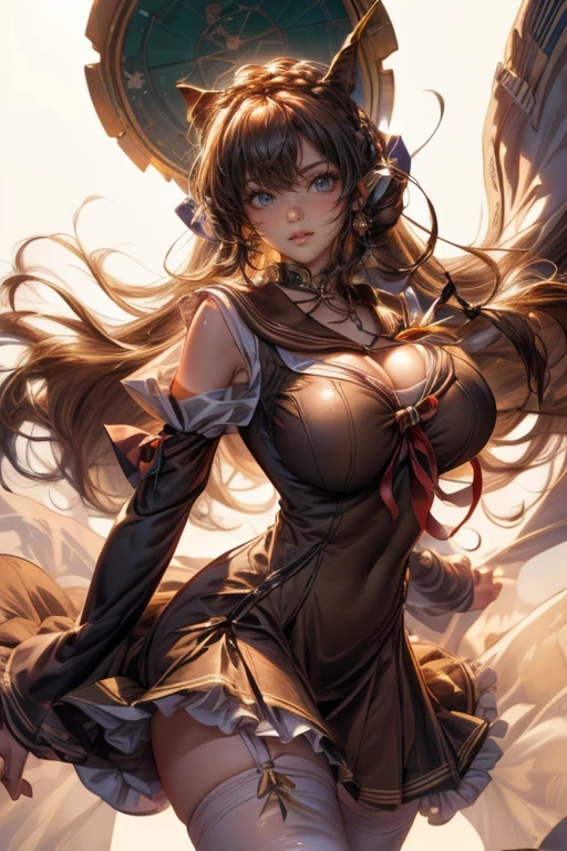 (Best Masterpiece: 1.3), (Best Quality: 1.3), Red Costume, Sailor Suit, Mini Skirt, Garter Belt, Knee High Socks, High Heel Boots, Long Hair, Brown Hair, Black Ribbon, Moist Eyes, Right Hand on the Back of the Head, Left Hand on Hips, Wink, Slouch, Lightly Open Lips, Calm Expression, Smile, Shy, Shy, (Huge Breasts: 1.3), Clear Cleavage