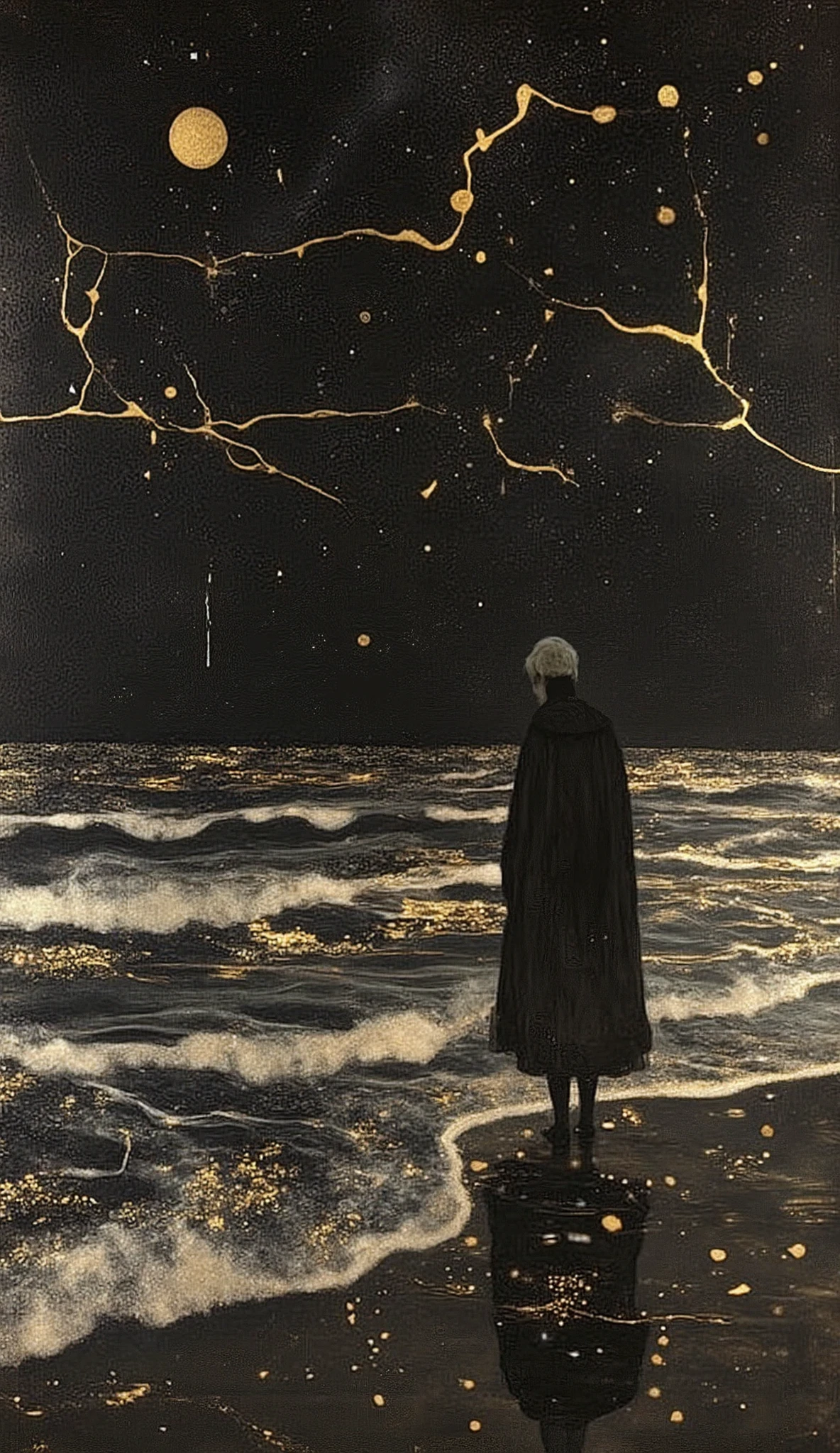 A melancholic, painterly image of a lone figure standing at the edge of an infinite, obsidian ocean, where the waves move not with water, but with liquid shadow. Above them, a vast sky, devoid of stars, stretches endlessly, yet within its darkness, faint golden cracks shimmer—like a broken universe still trying to hold itself together. The figure’s reflection in the water is distorted, fragmented, as if time and identity are unraveling with every ripple. A soft wind carries invisible verses, whispered poetry lost between existence and oblivion. The scene is drenched in deep black and muted silver, with only the faintest hints of warmth—love lingering in the spaces between memory and forgetting.