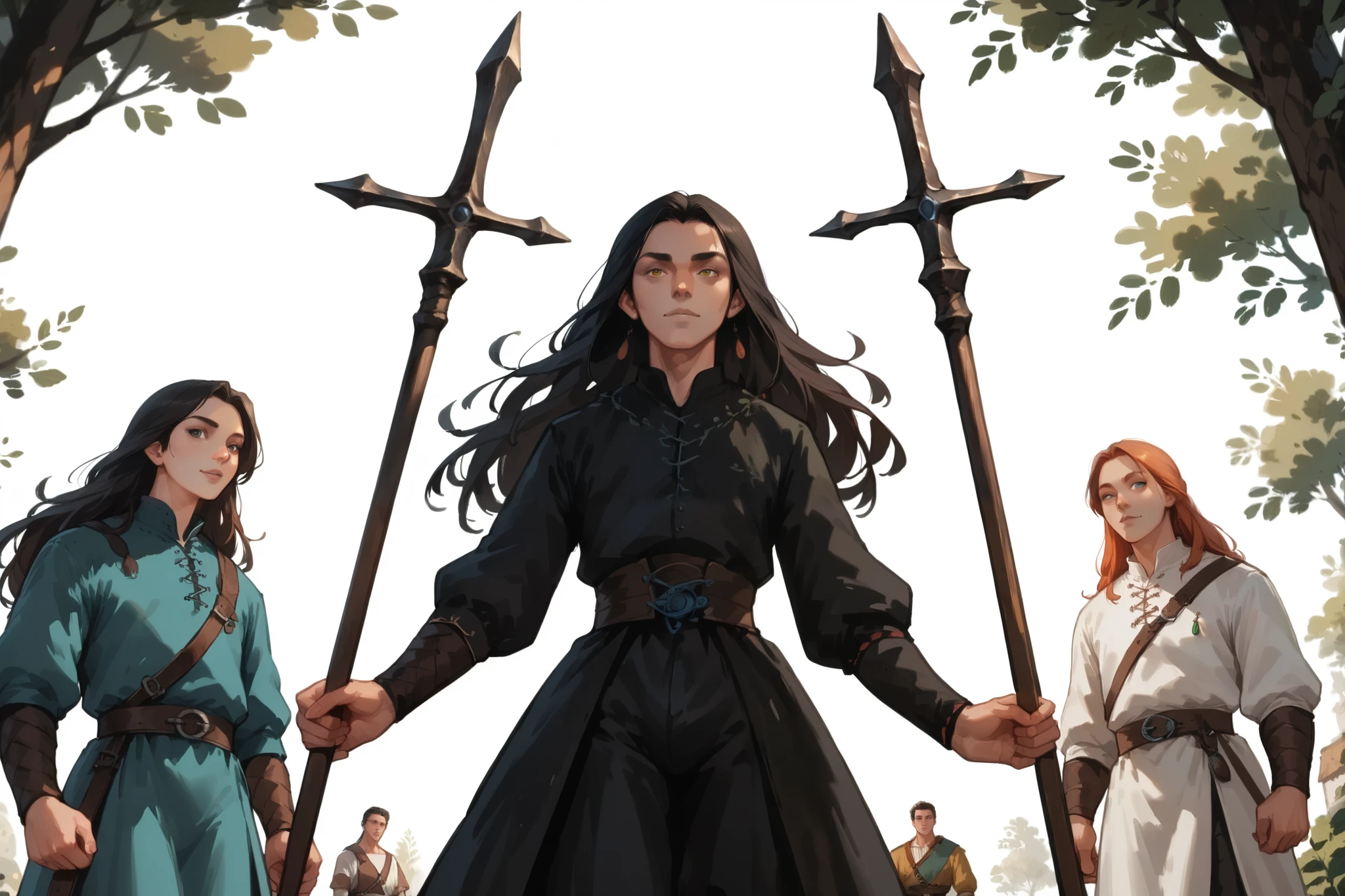 score_9, score_8_up, score_7_up, 2girl, 3boys, different characters, standing, long hair, wearing a vibrant medieval clothing, detailed clothing, sketches, darkrealmone:1.5, flat painting, msmln, character sheet, extreme angle pov,, dynamic pose, standing on a white background:1.5, 2d art, flat illustration, thick gouache painting, perspective, fadding depth