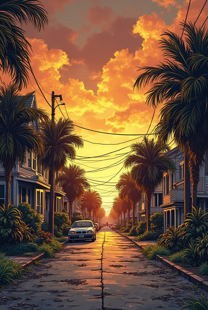 Hawaii Lahaina burning, painting view from the street, in the morning, beautiful sky, style by christian lassen, Best quality, realistic, award-winning illustration in color, (complicated detail: 1.2), (fine detail) christian lassen style