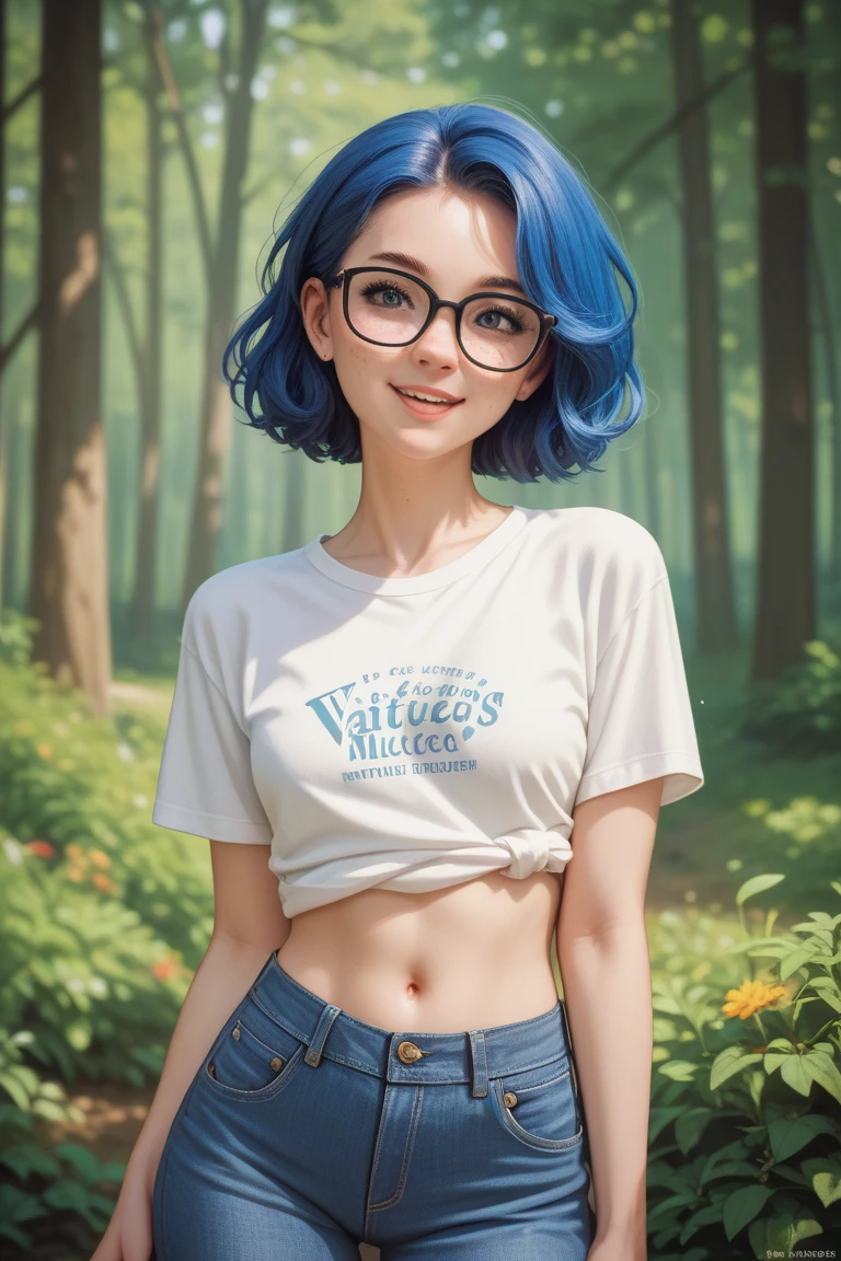 kate, short hair with blue highlights, gazing at viewer, blue colored eyes, perfectbody, white blouse, bermuda jeans, cute round glasses, White sneakers, light pink half socket, (( fully body, )), cycling in a park, rose with basket, on the way roses, Sorrind, shy, Smiley, blush completo, wide plan, Hyper-Realism, high resolution, best qualityer, grin, black hair, streaked hair, blue hair, short hair, hair behind ear, hair over one eye, panorama, Hyperrealism, cinematic lighting, cowboy shot, 8K, masterpiece, accurate, textured skin, super detail, highres, 8K
