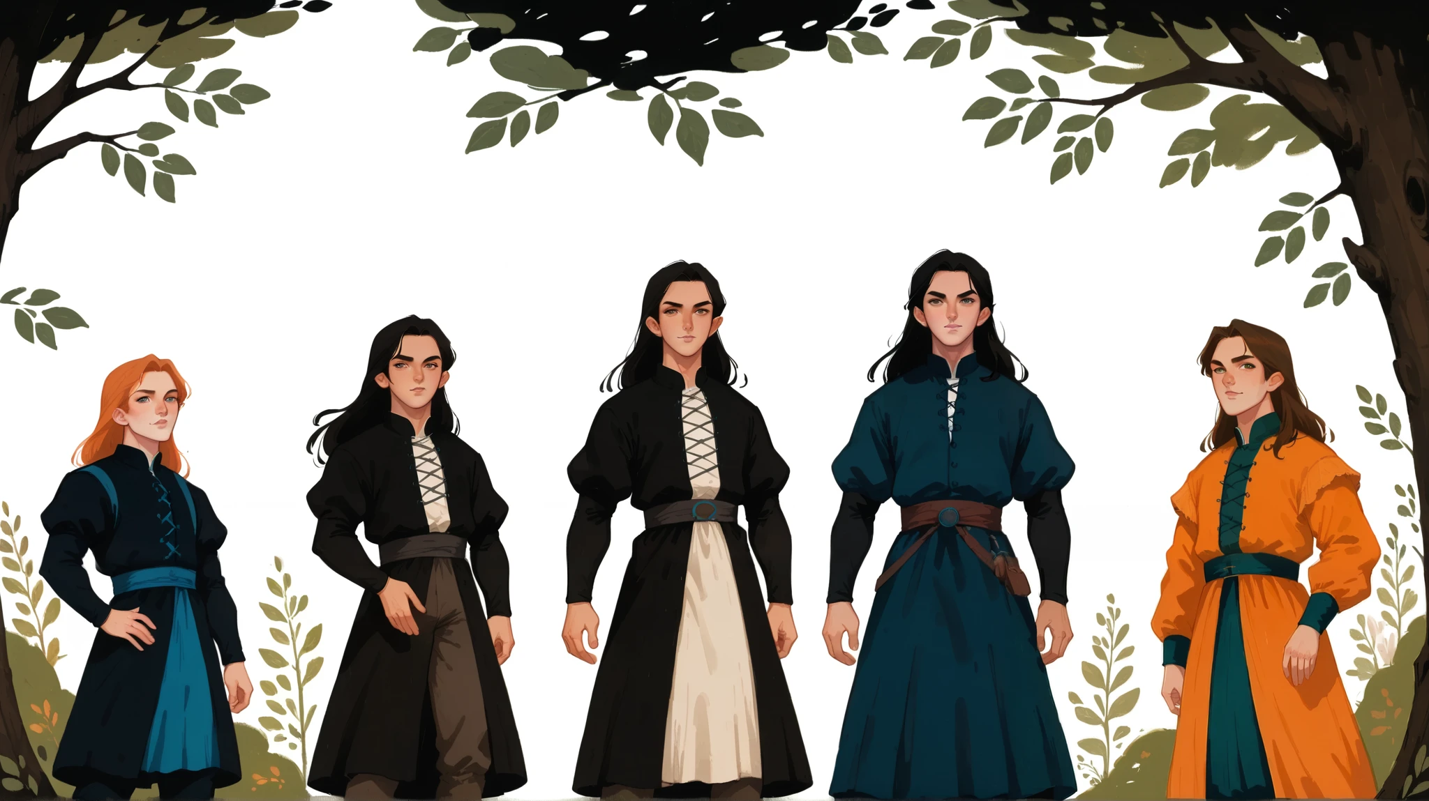 score_9, score_8_up, score_7_up, 2girl, 3boys, different characters, standing, long hair, wearing a vibrant medieval clothing, detailed clothing, sketches, darkrealmone:1.5, flat painting, msmln, character sheet, extreme angle pov,, dynamic pose, standing on a white background:1.5, 2d art, flat illustration, thick gouache painting, perspective, fadding depth