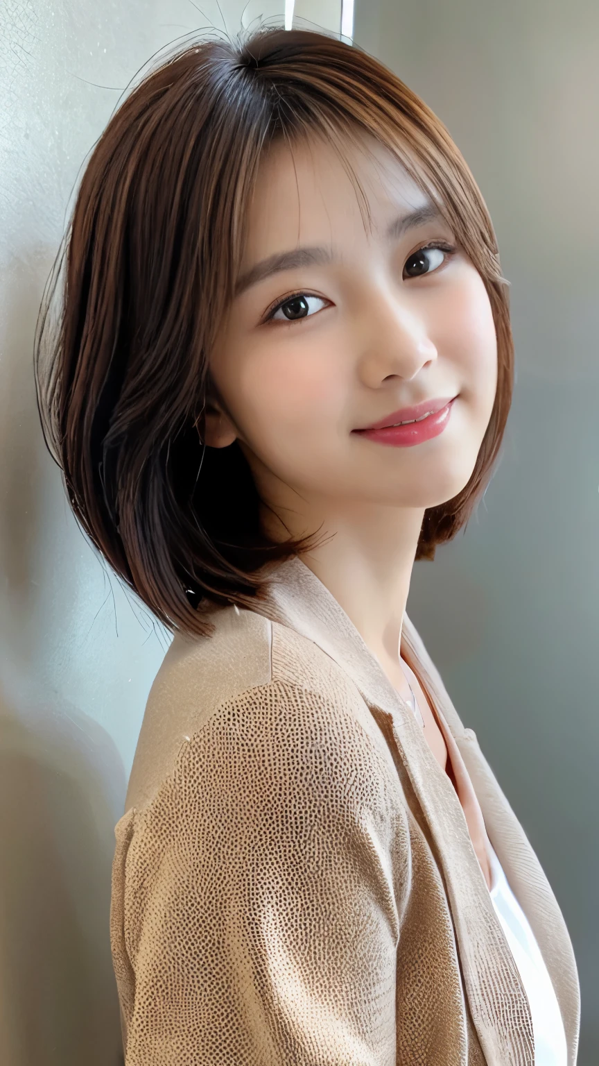 (highest quality、16k、masterpiece、realistic、Super detailed、Beautiful in every detail、ray tracing)、photograph、 At the office、((Shoot from a distance to capture the whole body))、 beautiful asian woman、japanese woman、25 year old female model、whole body、blazer、 (detailed face、golden ratio of beauty)、gentle smile、brown hair、((medium bob hair))、耳にピアス、ネックレス、