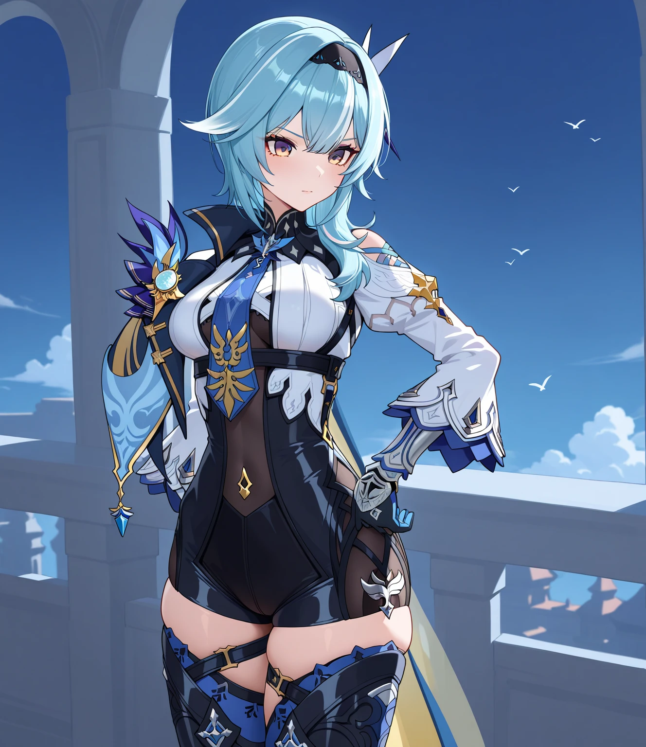 Euladef, parte superior do corpo, sorrir, , dia, fundo simples, blue skies, cabelo curto, ass, cum no corpo, , bukkake, , ahegao