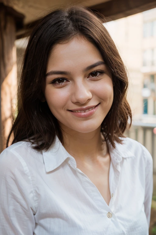 A Brazilian woman with an inviting and discreet smile, Wearing a white dress shirt , with a close-up capturing the harmonious beauty of her brown hair and the natural flowers, showing off your natural charm and captivating personality 