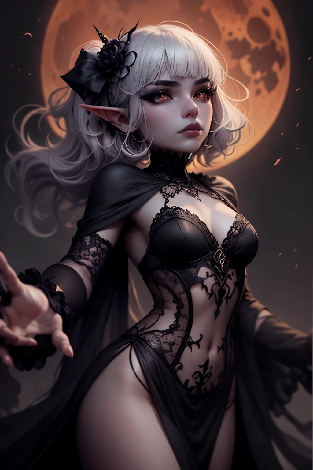 (Ultra-detailed face, Looking away, Gothic Illustration, Dark tone colors.), BREAK 
(Lakeside at midnight with the black moon shining. Midnight. Fantastic. Mysterious. Elegant.),  BREAK 
(The dark elf astrologer turns her back, twists her body, and gracefully reaches out her gaze and hand to the red moon, chanting a small prayer. A purple aura radiates from her body.),  BREAK 
(She has gray hair, gray eyebrows, blunt bangs, messy wavy hair that reaches the ground, small pink lips, orange eyes, dark gray skin, thick dark eyeliner and long eyelashes, and gothic eye makeup.), (She wears a draped blue gradient nightdress of simple silk with black lace ruffles and yellow embroidery.)