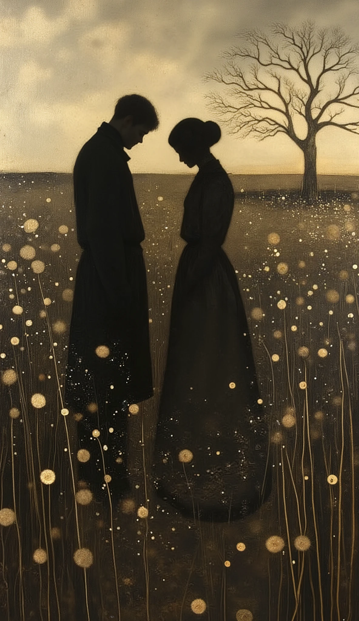 A somber, 19th-century-inspired oil painting of two black-clad figures standing apart in a vast, windswept field beneath an overcast sky. Their faces are hidden in shadow, their forms blending into the deep, muted tones of the landscape—silent and restrained, like lovers bound by time and fate. The tall, withered grass bends in the cold breeze, whispering secrets of love and longing. In the distance, a lone, barren tree stands against the dim horizon, its twisted branches reaching like an unfulfilled promise. The figures do not move, yet their presence fills the space between them, heavy with unspoken words and quiet devotion. The brushstrokes are soft yet deliberate, evoking the melancholic beauty of an old, forgotten love letter, one never sent but never lost.







