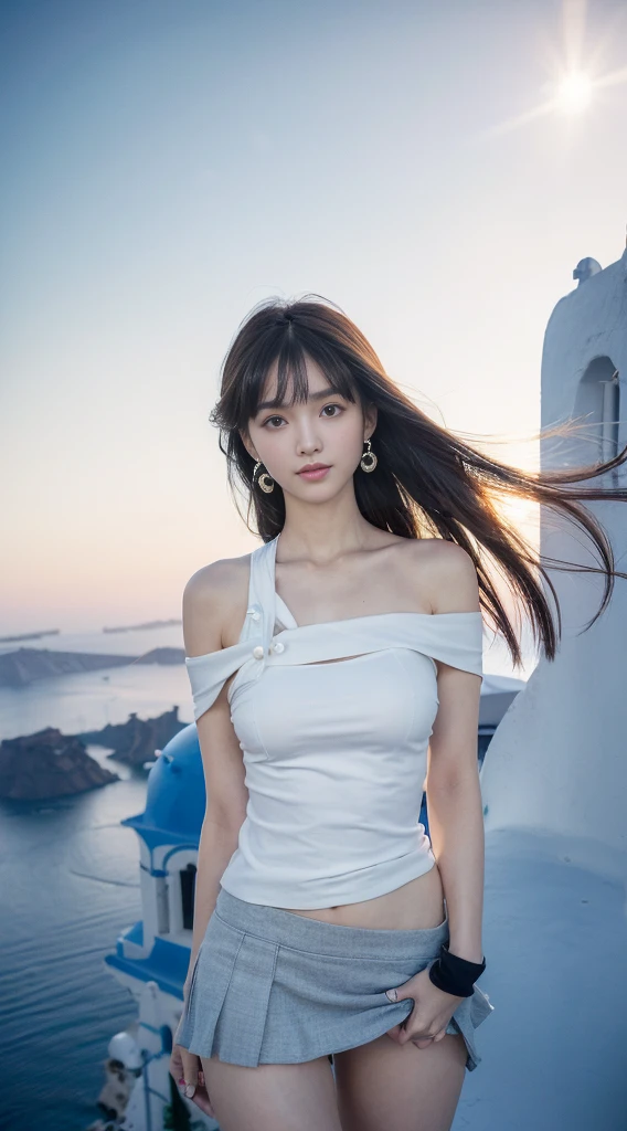 (((masterpiece:1.4, best quality:1.4, 8K, ultra high resolution, Photo realism, Physically based rendering))), sharp focus, full body portrait, full-body shot, flat lighting, Super beautiful sexy woman, very beautiful japanese woman, Perfect body:1.1, 24 years old, alone, Delicate big eyes, Meticulous eyebrows, Highlights, (((Brown long straight low half bun:1.3, hair behind ears, Bangs))), (A strong wind blew her hair up:1.4),  Highly detailed facial and skin textures, slim and beautiful:1.4, ((sleeveless, Transparent black body-fitting dress:1.5, Off the shoulders:1.5)), ((huge breasts:1.6)), (breast exposed:1.2), small areola, Thin waist and thin abdominal muscles, (dress lift:1.6), (Detailed beautiful pussy exposed, :1.4), full-body shot, (Thin and long), No makeup, clear facial features, looking at the audience, (Smile:1.4, open mouth:1.1), (Raise your legs:1.2, sitting，her push forward:1.3、spread legs, camel toe), (Front view), (Sunset), (incredible sky:1.2), (Santorini:pearl of greece, This island is famous for its stunning white architecture, known for its colorful dome and spectacular Sunset:1.3),