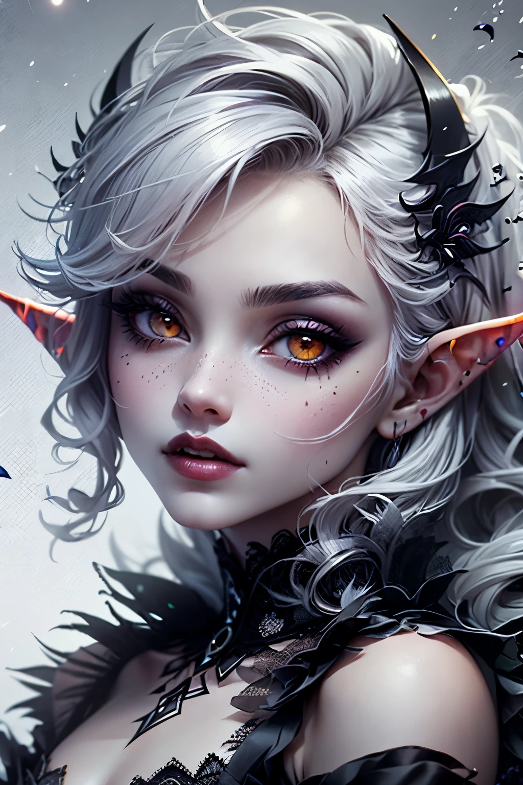 (Ultra-detailed face, Looking away, Gothic Illustration, Dark tone colors.), BREAK
(Lakeside at midnight with the black moon shining. Midnight. Fantastic. Mysterious. Elegant.), BREAK
(The dark elf astrologer turns her back, twists her body, and gracefully reaches out her gaze and hand to the red moon, chanting a small prayer. A purple aura radiates from her body.), BREAK
(She has gray hair, gray eyebrows, blunt bangs, messy wavy hair that reaches the ground, small pink lips, orange eyes, dark gray skin, thick dark eyeliner and long eyelashes, and gothic eye makeup.), (She wears a draped blue gradient nightdress of simple silk with black lace ruffles and yellow embroidery.)