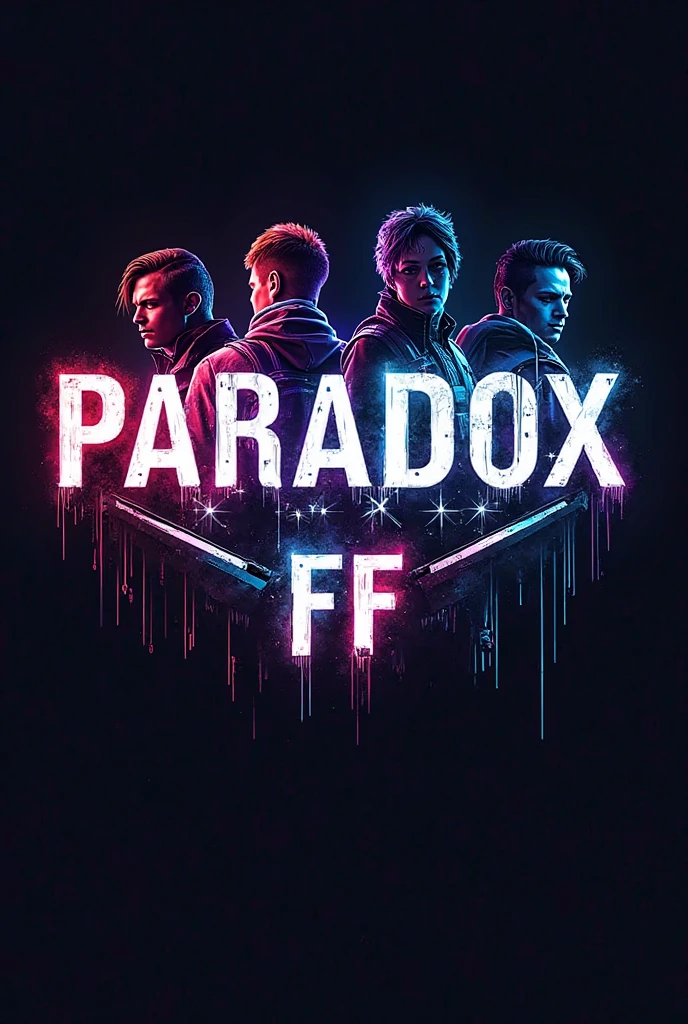 Theme: A futuristic and mysterious design with a neon cyberpunk aesthetic.
Text: "Paradox FF" in bold, glitchy font with a tagline like "Breaking Limits, Defying Logic" or "The Ultimate Free Fire Experience" (if it's a gaming channel).
Colors: Dark background with blue, purple, and red neon highlights.
Extras: Silhouettes of Free Fire characters, abstract glitch effects, and a subtle fire effect for intensity.