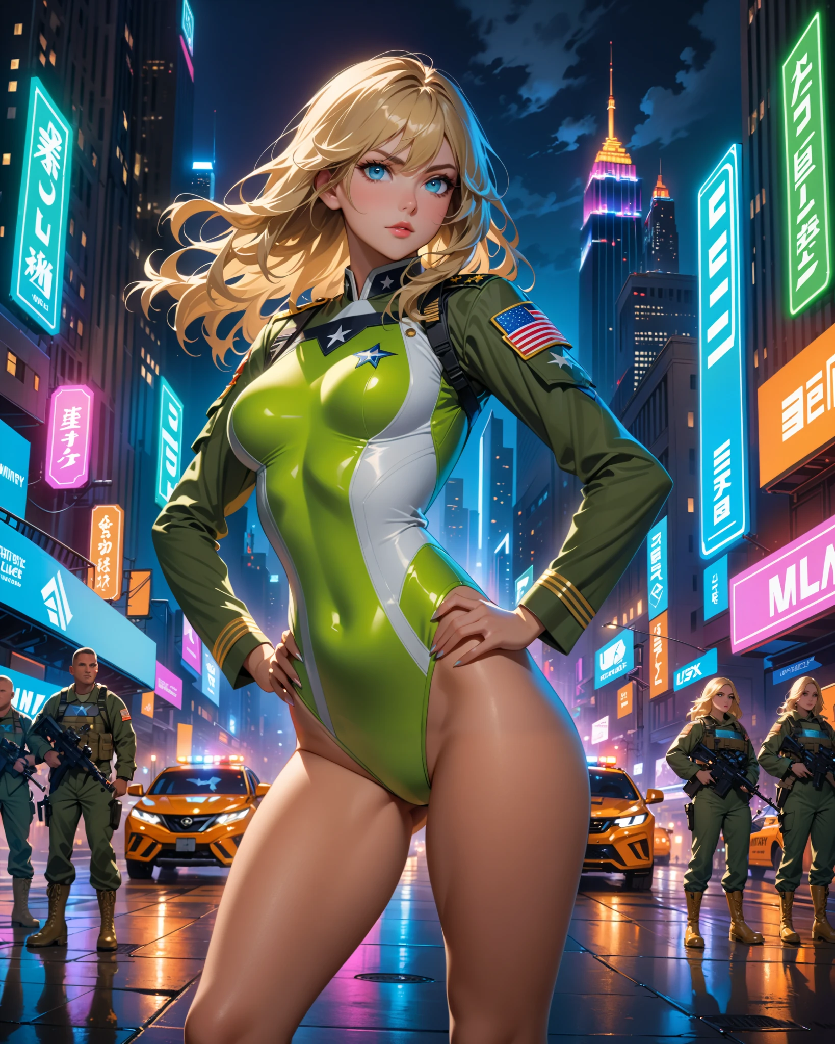 best quality, masterpiece, highres, solo, solo focus, 1lady, semi-realistic, dynamic heroic pose, standing straight, blonde hair, blue eyes, beautiful detailed eyes, beautiful detailed face, (perfect hands), sexy us military officer, dressed in a green and white leotard, city backdrop, neon edge lighting, highly detailed, professional, bare legs, matching boots, ankle-high boots, full body shot, medium hair, hair down, nighttime, (rear view, back view).