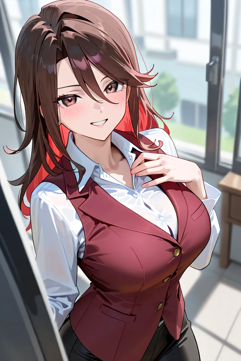 ((super high quality,Ultra-high resolution,16K,super masterpiece,Ultra HD ,Detailed shading,))One sexy woman,Sexy dress shirt,popped Tight collar Pink shirts,Red pencil skirt, Looking at the camera,smile,blush,