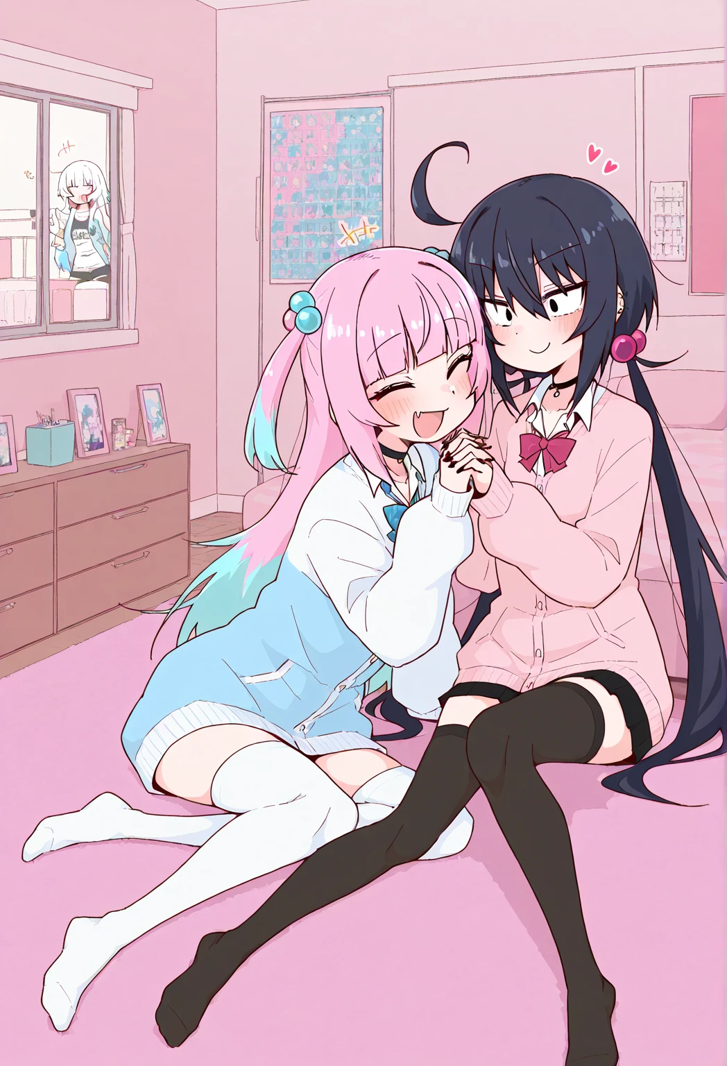 2girls in,(pale pink cat ears:1.2),pale pink long hair brown Bob hair,pink eyes, Hold eachother, crouching in classroom, (From below:1.4)