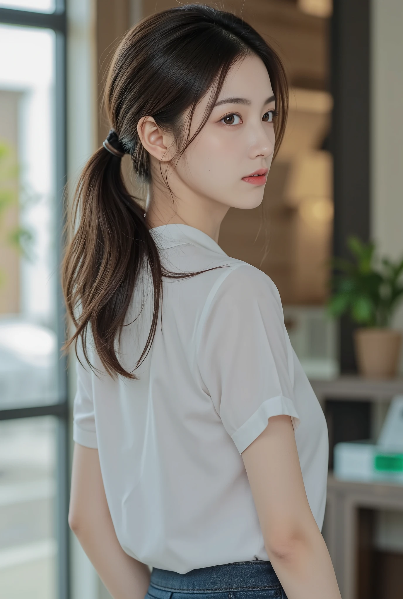 woman、her hands are tied、((put your hands behind your back))、((Place your hands together and cross them behind your back))、(((Her wrists are tied with rope)))、shibari、Beauty、２０Year、university student、(anatomicaly, Has two arms and two hands)、In a lighted hotel room、Standing by the window、Outside the window is the night sky、There are many stars、Wearing a short-sleeved blouse、Wear a high school student-style miniskirt、Uniform eyes、Proportional ratio、Small breasts、Small face、(I can see from head to heel), Black Hair, bangs, swept bangs, Straight hair, Nervous, Messy Hair, Floating hair, Cinema Lighting, tachi-e, First-person view, throw, From behind, F/1.2, Nikon, Surrealism, 超High resolution, Highest quality, High resolution, 8k, Textured skin, anatomicaly正しい体,
