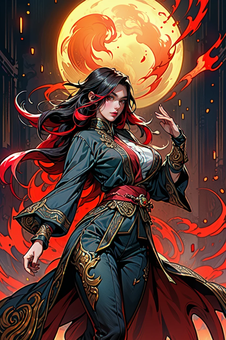 a woman in a red dress standing in front of a fire, by Yang J, dragon girl, 8k high quality detailed art, digital fantasy art ), trending on cgstation, beautiful elegant demon queen, fantasy art style, 2. 5 d cgi anime fantasy artwork, chinese fantasy, epic fantasy art style hd, epic exquisite character art, fanart best artstation