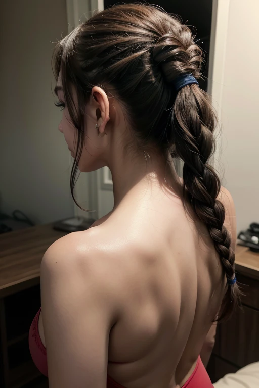 Beautiful naked girl sitting upright Crying face There is a rope around his neck Small breasts Apartment