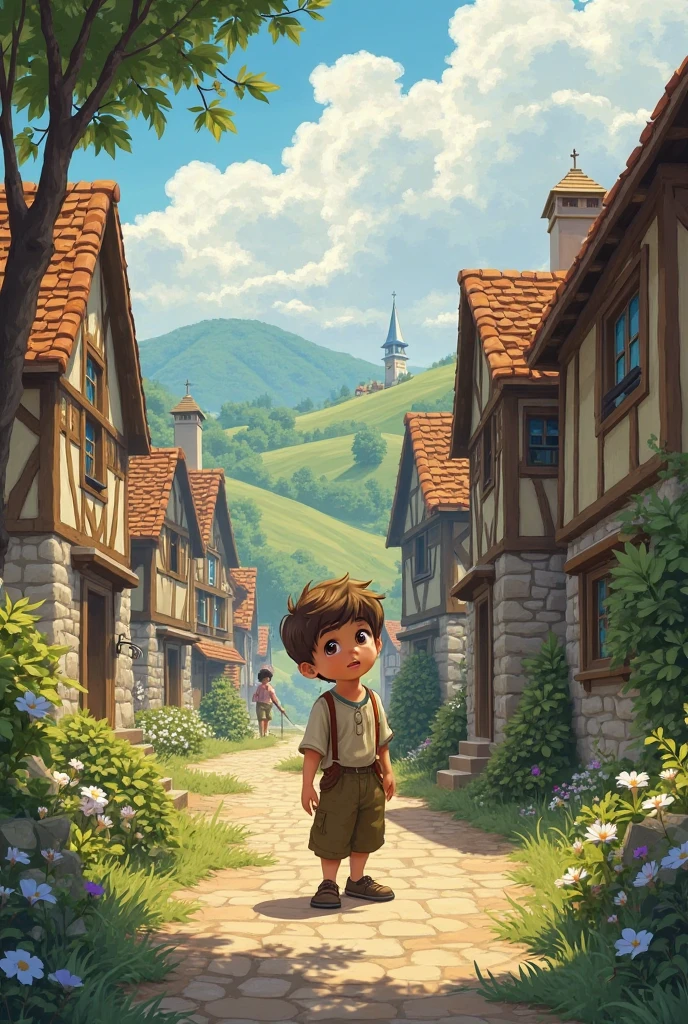 Make a boy walk into the village. There is a canal behind the village.