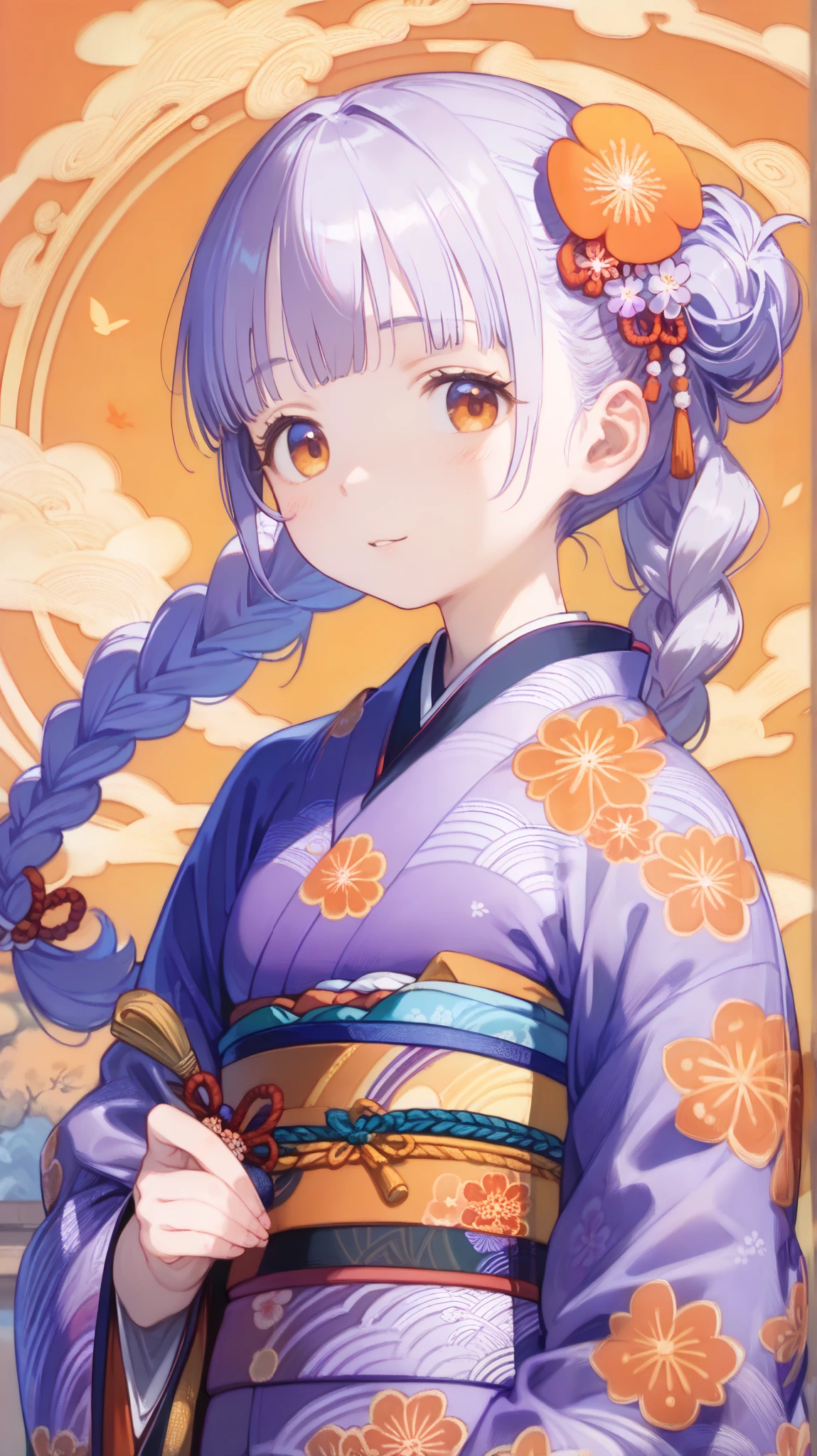 Highest Quality,masseter area,８Ｋ, ultra detailed , Spend the daytime  , (Close:1.1,high detail:1.1),solo,1 girl,braids,((( similarly ,kimono light purple orange pattern,Benihama )))