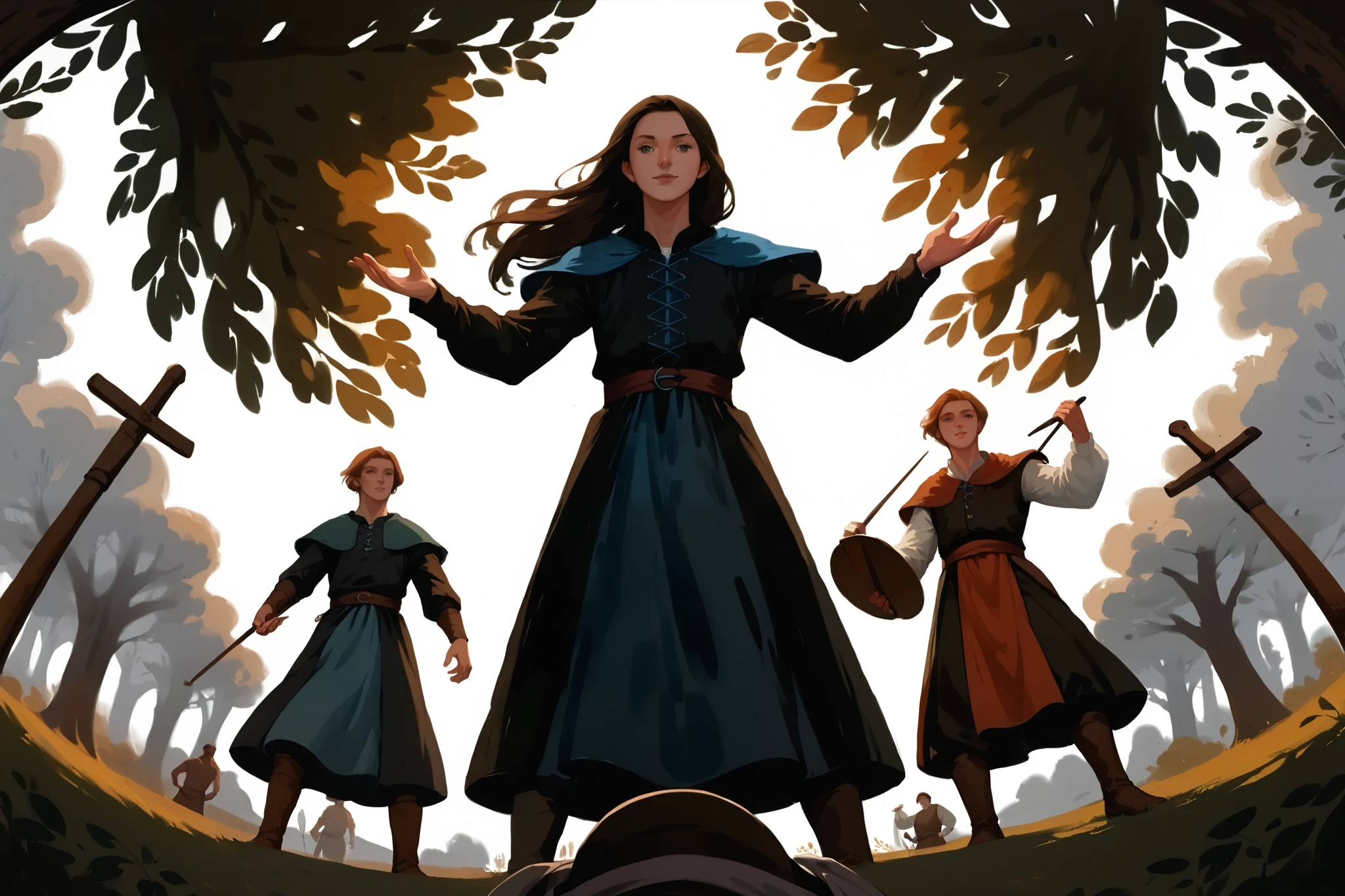 score_9, score_8_up, score_7_up, 2girl, 3boys, different characters, standing, long hair, wearing a vibrant medieval clothing, detailed clothing, sketches, darkrealmone:1.5, flat painting, msmln, character sheet, extreme angle pov,, dynamic pose, standing on a white background:1.5, 2d art, flat illustration, thick gouache painting, perspective, fadding depth, cnrmn style