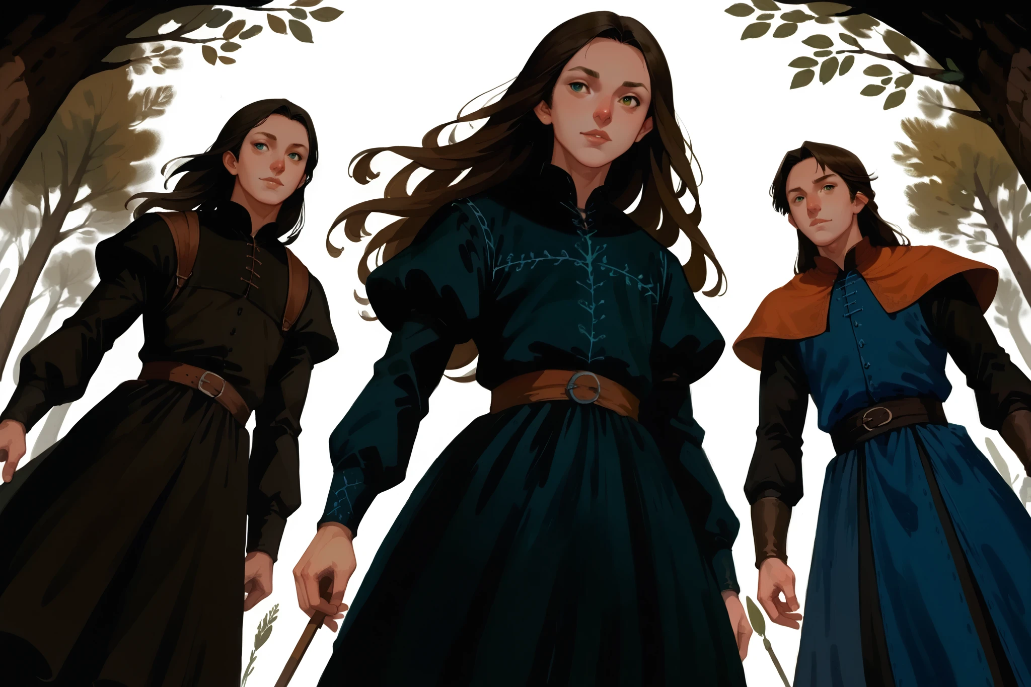 score_9, score_8_up, score_7_up, 2girl, 3boys, different characters, standing, long hair, wearing a vibrant medieval clothing, detailed clothing, sketches, darkrealmone:1.5, flat painting, msmln, character sheet, extreme angle pov,, dynamic pose, standing on a white background:1.5, 2d art, flat illustration, thick gouache painting, perspective, fadding depth, cnrmn style
