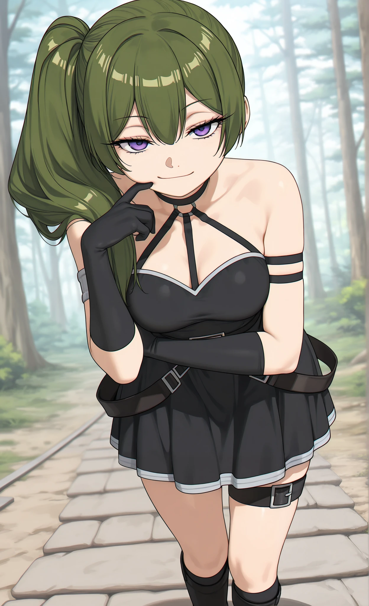 ((übel)), ((sousou no frieren)), ((masterpiece)), ((high resolution)), ((solo portrait)), {(attractive figure), (medium breasts), (beautiful legs), (green hair), (side ponytail), (lidded eyes), (cute purple eyes), (long eyelashes), (cute smirk), (relaxed look)}, {(black dress), (waist belt), (black arm band), (black glove on right hand), (black choker), (thigh belts), (black boots)}, {(standing), (finger on cheek), (looking at viewer)}, ((forest, ((walkway))