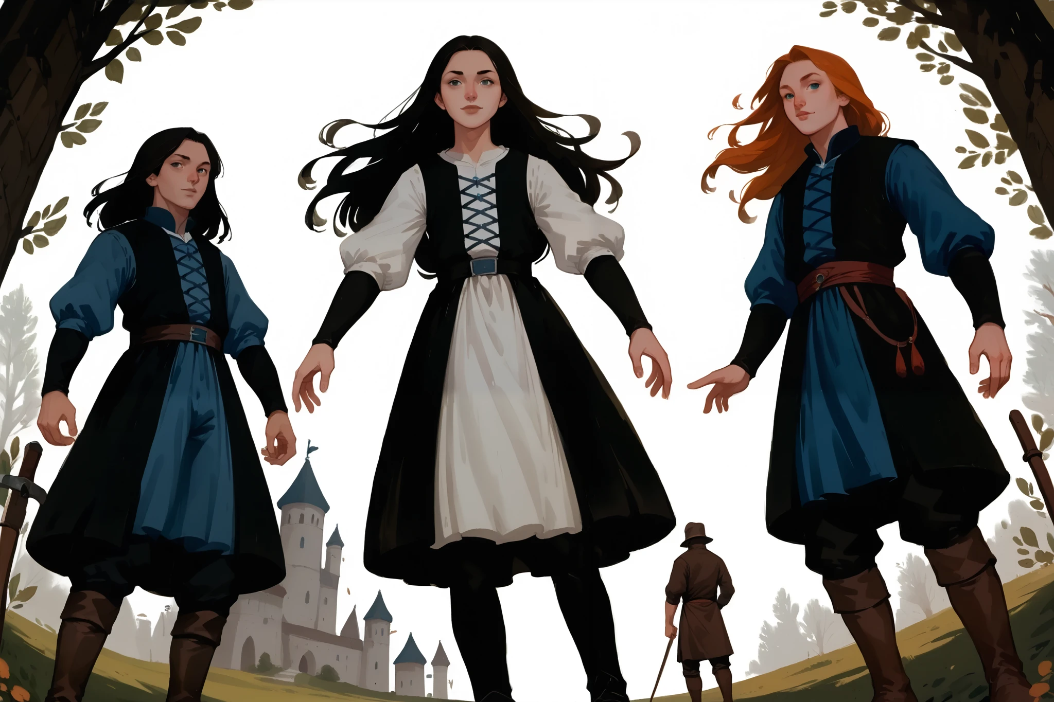 score_9, score_8_up, score_7_up, 2girl, 3boys, different characters, standing, long hair, wearing a vibrant medieval clothing, detailed clothing, sketches, darkrealmone:1.5, flat painting, msmln, character sheet, extreme angle pov,, dynamic pose, standing on a white background:1.5, 2d art, flat illustration, thick gouache painting, perspective, fadding depth, cnrmn style