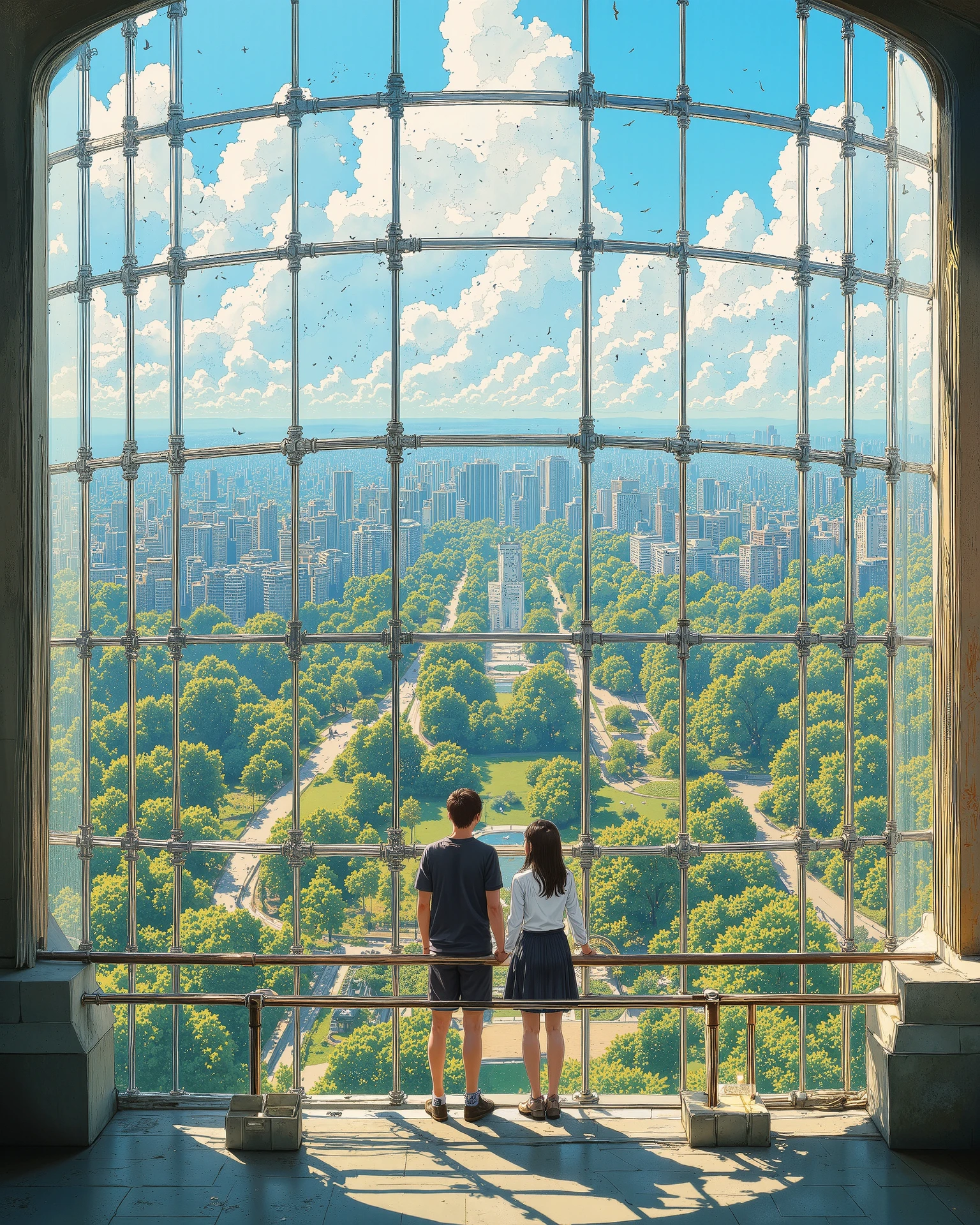 A breathtaking anime-style digital painting of a young man and woman standing inside a modern glass-walled building, overlooking a vast futuristic cityscape with lush green parks. The scene is bathed in golden sunlight, casting soft shadows. The sky is filled with fluffy white clouds and a flock of birds flying in the distance. The characters are dressed casually – the boy in shorts and a t-shirt, the girl in a skirt and blouse – both gazing at the horizon, creating a dreamy and cinematic atmosphere. Highly detailed, vibrant colors, Studio Ghibli-inspired aesthetics, and a mix of urban and nature elements."