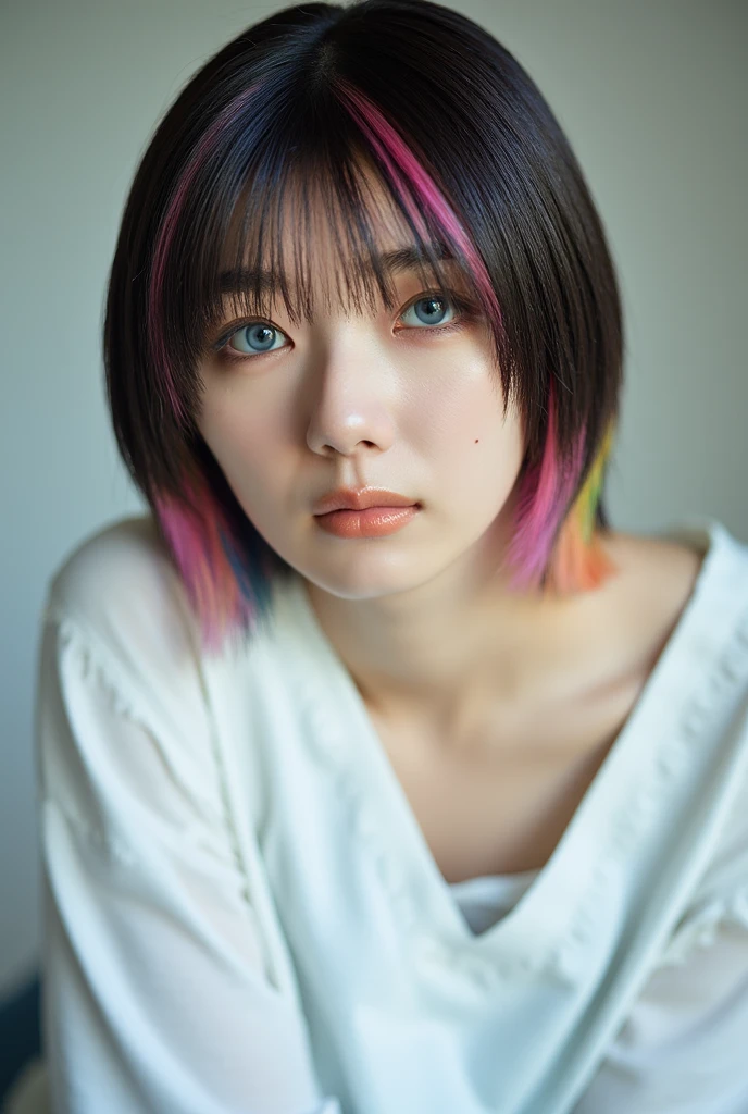 (Browsing Caution:1,4),Mix 4, (8k, RAWphotograph, Highest quality, Tabletop: 1.45), (Realistic, Realistic: 1.37),illumination, night, プロのillumination, photographn mapping, Radio City, Physically Based Rendering, Gradient Brunette, 高品質のphotograph, High resolution, 1080P, (Detailed facial depiction), (Detailed description of the hand), (Delicate CG), Extreme light and shadow, Rich details, (Detailed facial features), (Highest quality), Look in front of you, Highly detailed face, Highly detailed lips,  超High resolution, (truth: 1.4), photograph, 1 Girl, [(sad)],  , Thin limbs, movie, Cool pose, I Cup, Highest qualityな完璧なボディ, photographのような, (1 Girl: 1.3), Perfect balance, (Huge, Perfect breasts, Areola),(Realistic, Realistic:1.37),One Girl, Cowboy Shot,Professional Lighting, Photon Mapping, Radio City, RAWphotograph、(Realistic:1.4)、Octane Rendering、Complex 3D rendering with ultra-detail, Studio Soft Light, Rim Light, Crisp details, Super detailed, Realistic skin texture, detailed aspects, Beautiful details in the eyes, Highly detailed CG Unity 16k wallpaper, Compensate, (Detailed Background:1.2),Highest quality, 超High resolution, Tabletop, One Girl, One Girl,alone, Upper Body,Show Viewer, White Background, Bobcut, short hair, Multicolored Hair, Compensate , Lips parted, Black Lips, eyeliner, Gothic, Goth Girl,((Multicolored Hairの色:1.4)),(((Completely naked))),(((nsfw))),((Small breasts:1.2))