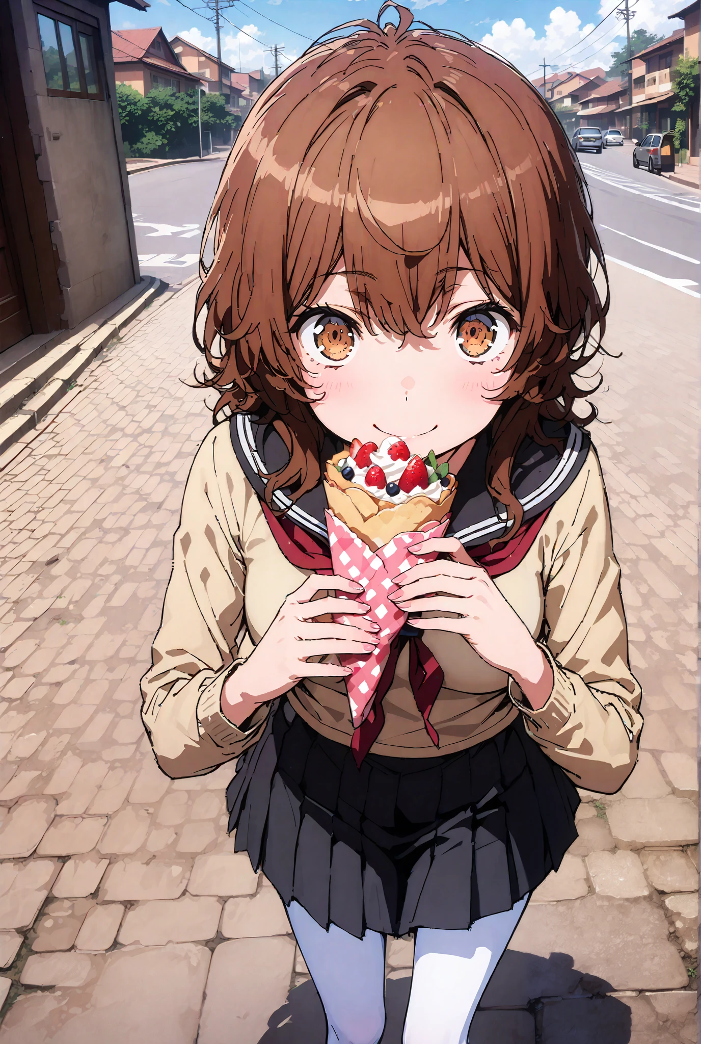 Liliru Card, Lilylka Alde, brown eyes, black cock, smile,cover,opens her mouth,short hair,Black sailor suit,red 弓tie, yellow cardigan , black mini pleated skirt ,white pantyhose as if it were in the illustration,loafers,Holding a crepe with one hand,School bag,Creperie,is walking,Beautiful Scenery,noon,full bodyかイラストに入るように,break outdoors, residential area,
break looking at viewer,full body,
break (masterpiece:1.2),Highest Quality , kampala, Unity 8K Wallpaper ,(shape:0.8),( fine, beautiful eyes :1.6),It's a person ,full body写真,CG Details , (perfect hands,complete anatomy),