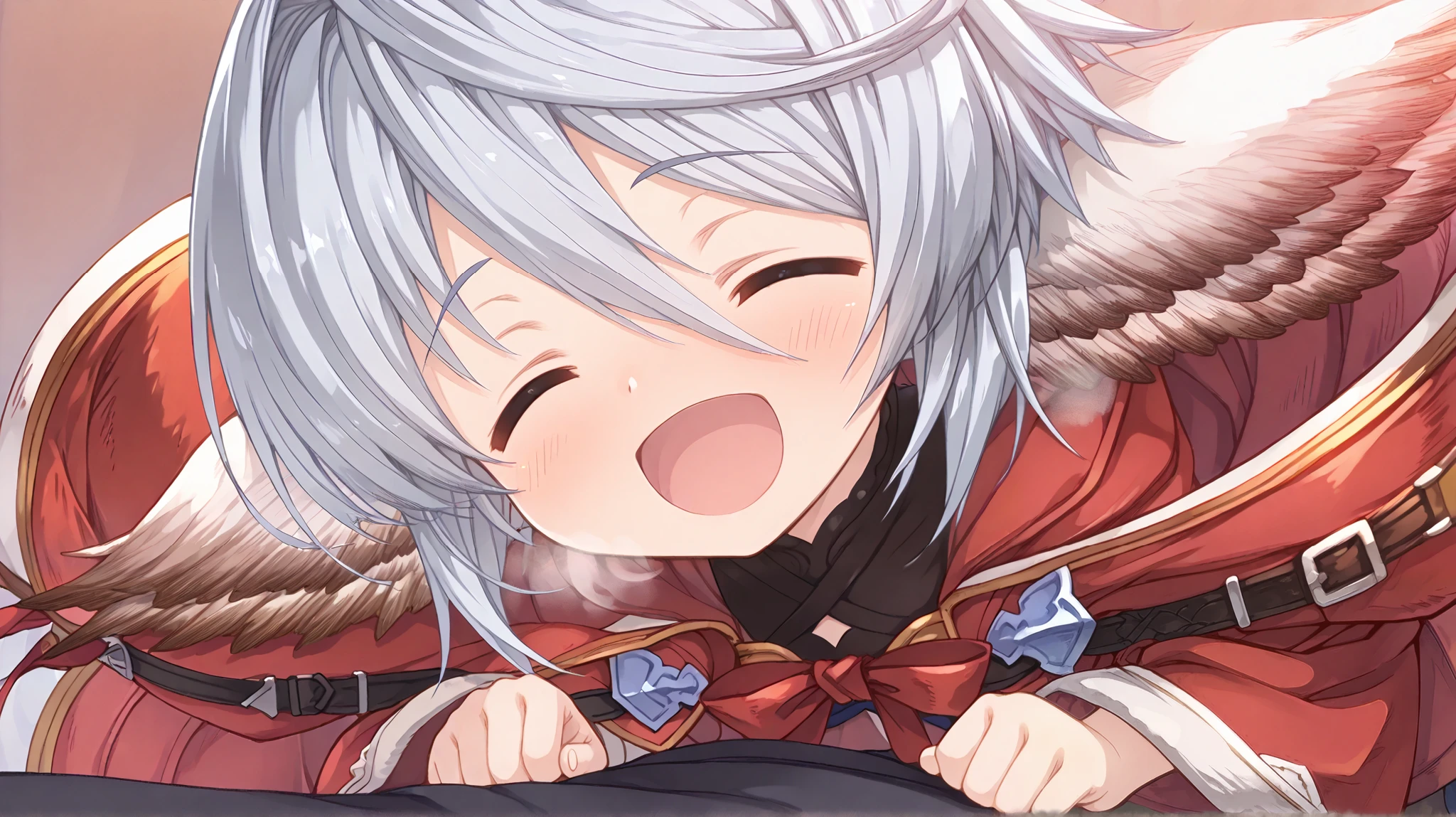 masterpiece,best quality,1 girl,wamdus(Granblue Fantasy) ,blush,heavy breathing,,silver blue hair,Harvin,Short Hair, in heat,happy,open your mouth wide,wamdus (Holiday), red clothes,red ribbon,red coat,red shirt,yuzusoft_early,