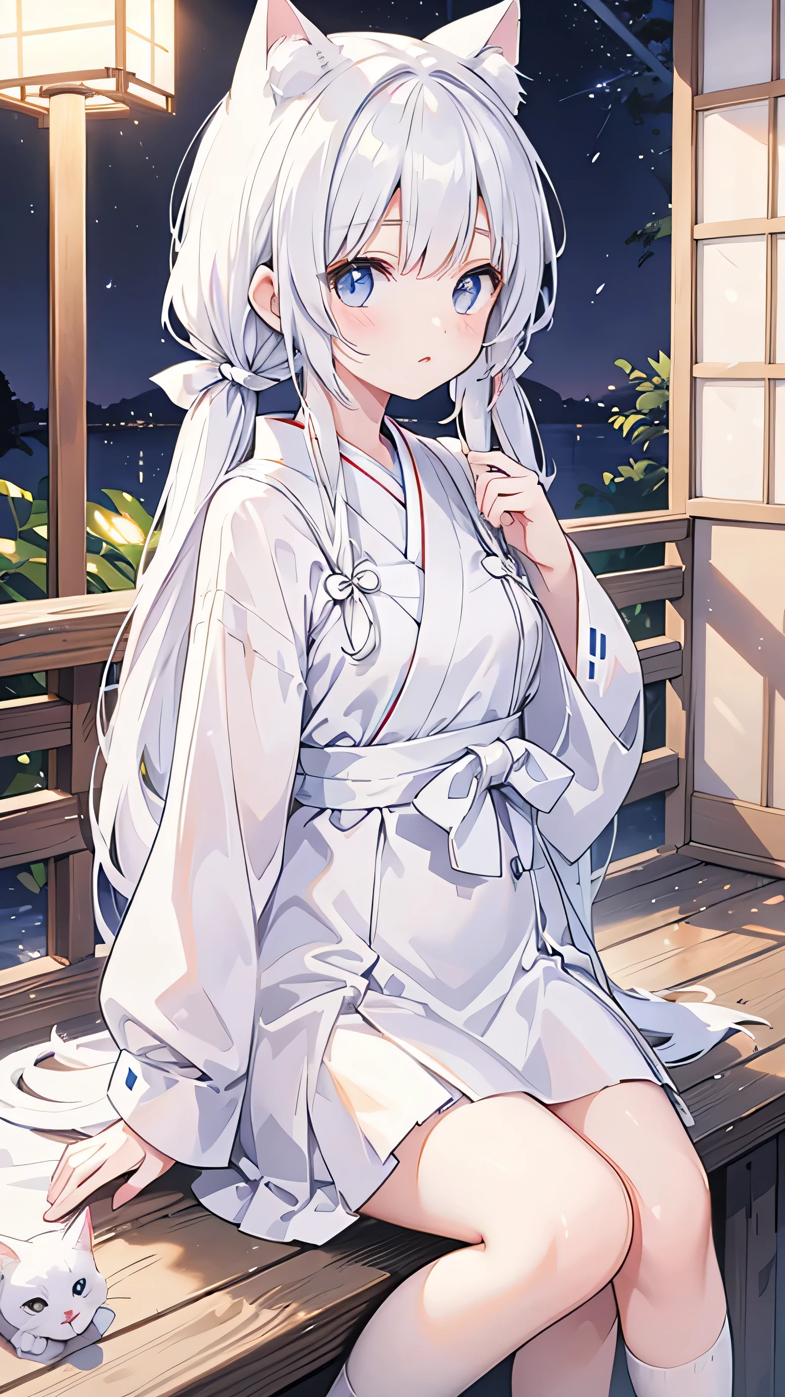 white twin tail hair, cute white clothes, The white ribbon on the hair , 1 girl, Japanese style white dress, White cat ears,  sitting on the veranda, At night