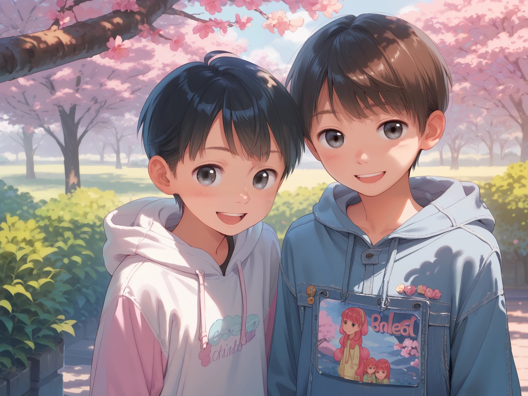 1 boy, ( boy), cute, ikemen, (about ), (black short straight hair), (big eyes, clear eyes), happy smile, white long sleeve hoodie, washed out denim jeans, standing, looking at ity, (beautiful detailed eyes, detailed hair, detailed face), (colorful, pastel colors), 8k, masterpiece, ridiculous resolution, super high resolution, ((detailed shading)), ((cherry blossom tree in full bloom background), , ((one eye closed)), ((lean forward)), (pastel coloring),