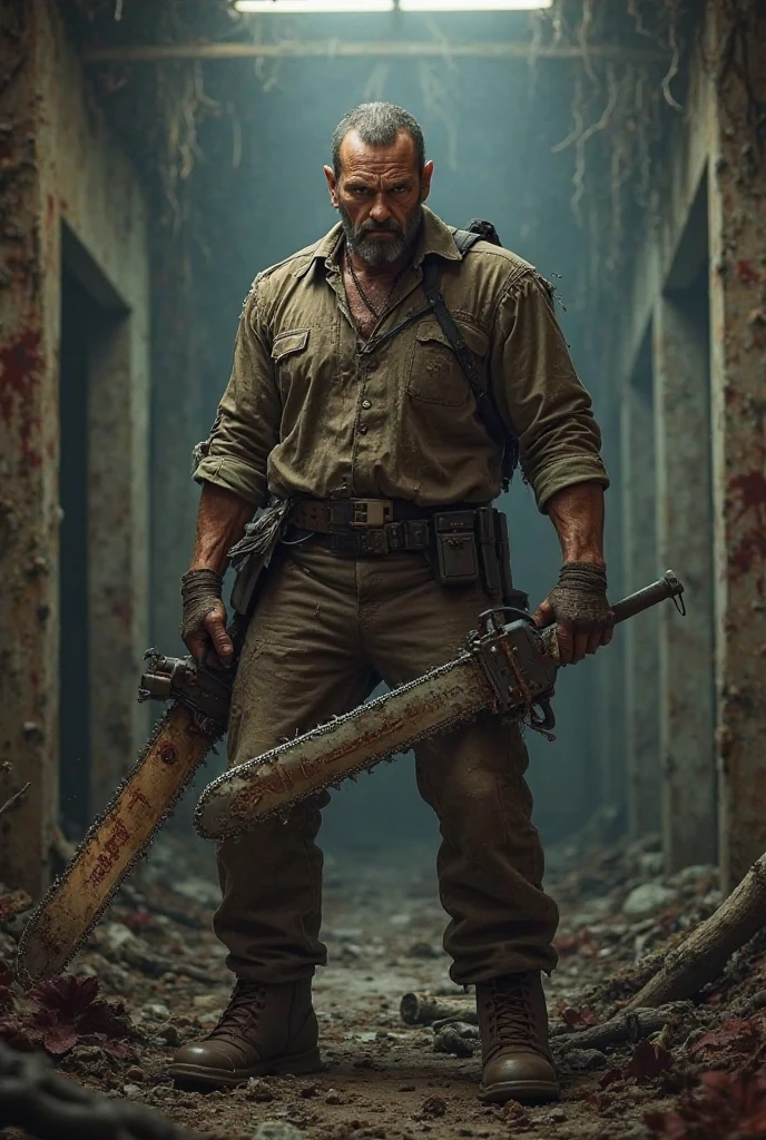 a muscular, 30-year-old white man (survivor of a zombie apocalypse world), (a military man wearing lined suits), (strong arms and light brown eyes), (holds a rifle in his hands)
