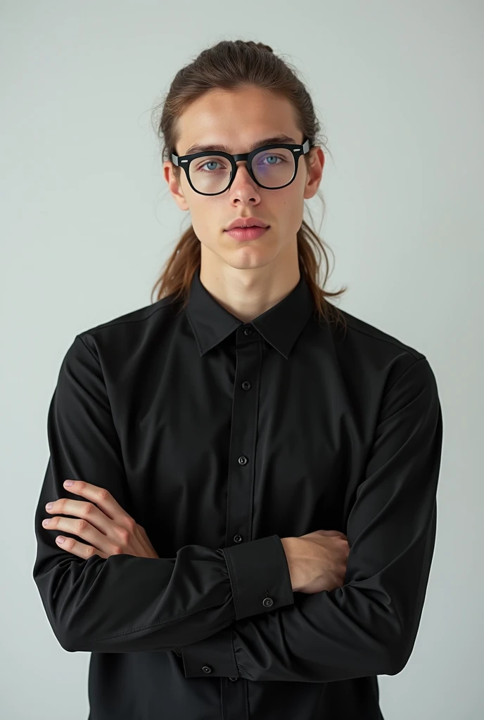A man wearing a short-sleeved black shirt wearing glasses with yellow hair 