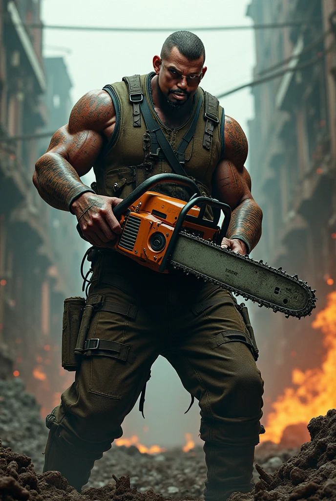 Zombie, strong body, muscle size, villain, heavy chainsaw hand, full body, full body view,