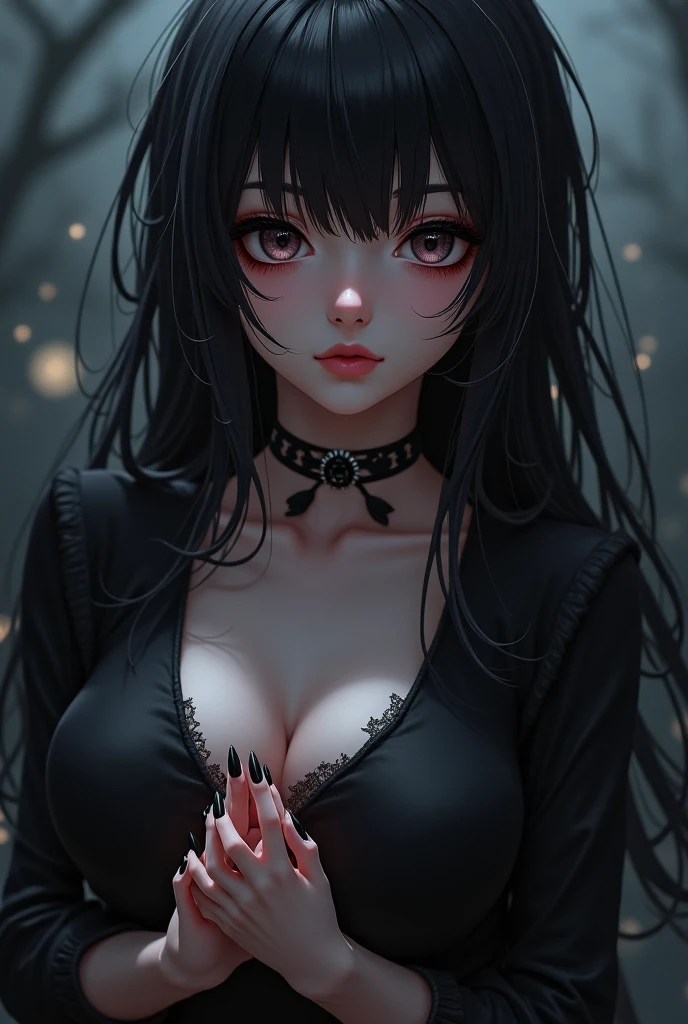 (((masterpiece))), better quality, fairytale portrait, beautiful young woman with black hair and red eyes with blood running down her mouth in a slight smile, halloween night, wet night weather, wet clothes and a sensual neckline.
