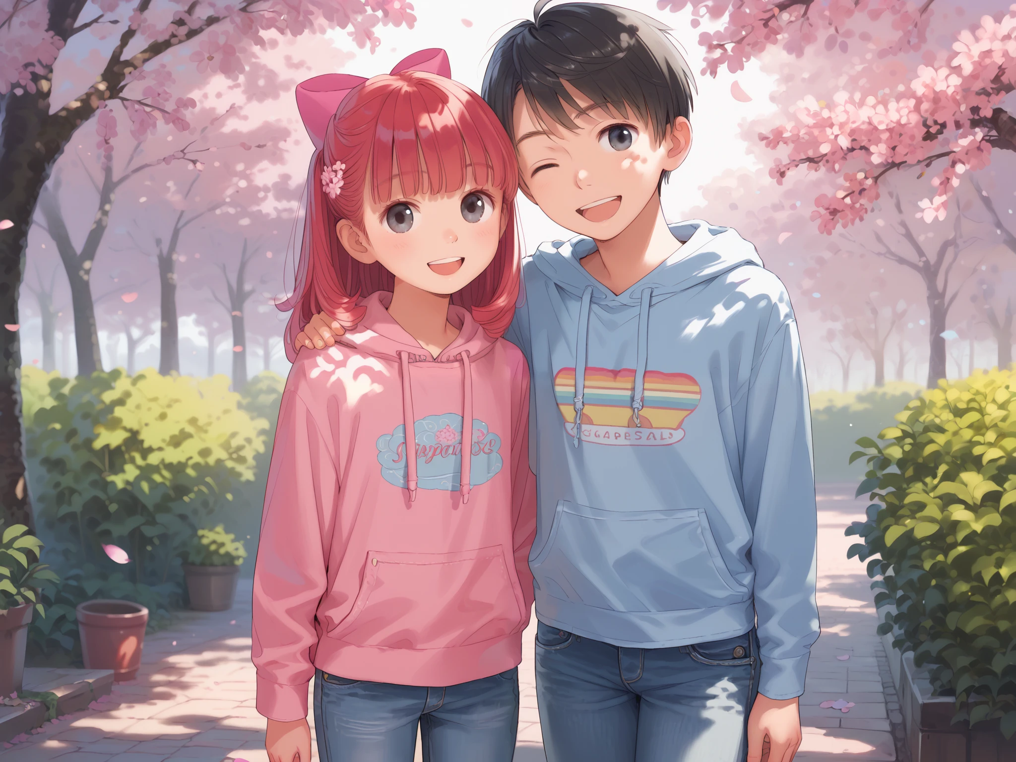 1 boy, (young boy), cute, ikemen, (about ), (black short straight hair), (big eyes, clear eyes), happy smile, white long sleeve hoodie, washed out denim jeans, standing, looking at ity, (beautiful detailed eyes, detailed hair, detailed face), (colorful, pastel colors), 8k, masterpiece, ridiculous resolution, super high resolution, ((detailed shading)), ((cherry blossom tree in full bloom background), , ((one eye closed)), ((lean forward)), (pastel coloring),