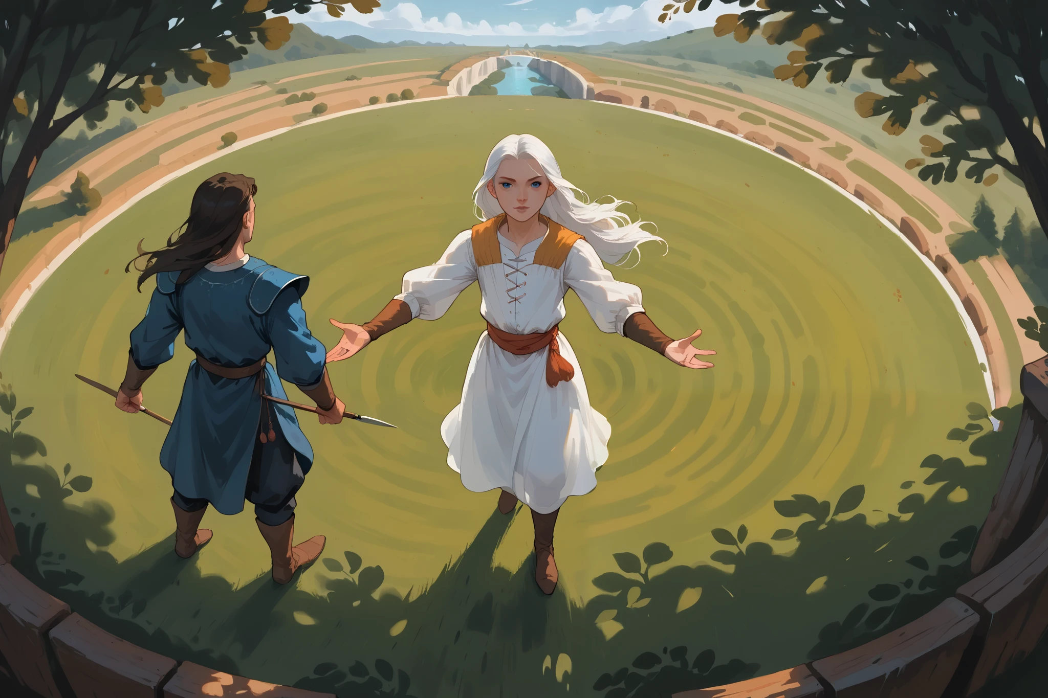 score_9, score_8_up, score_7_up, 2girl, 3boys, different characters, standing, long hair, wearing a vibrant medieval clothing, detailed clothing, sketches, darkrealmone:1.5, flat painting, view from above:1.5, character sheet, extreme high angle pov, dynamic pose, standing on a white background:1.5, 2d art, flat illustration, thick gouache painting, perspective, fadding depth, cnrmn style, dynamic scene