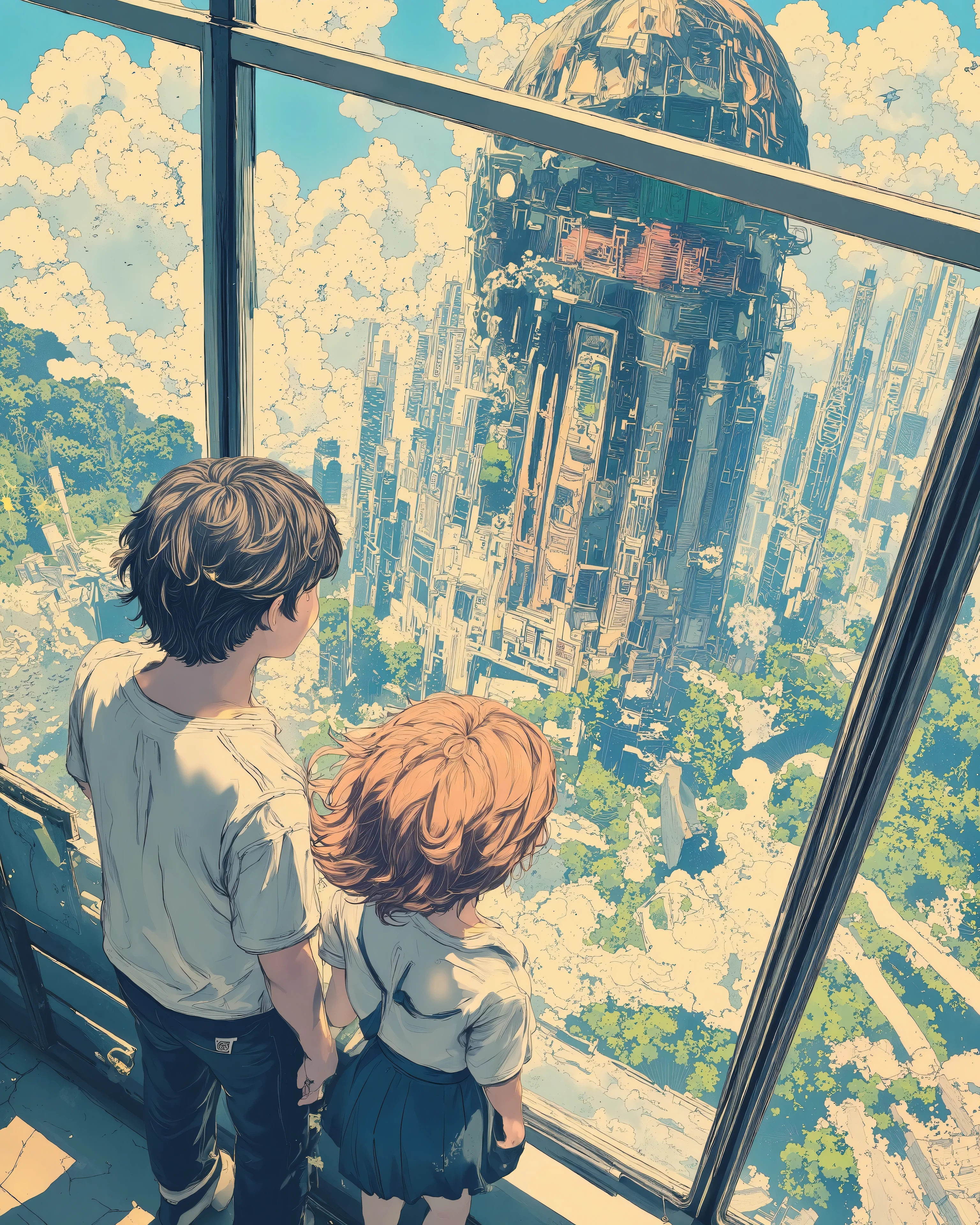 A stunning anime-style close-up of a young man and woman standing near a floor-to-ceiling glass window, overlooking a futuristic cityscape with lush green parks. The warm sunlight illuminates their faces, casting soft shadows. The boy has slightly messy hair and wears a casual t-shirt, while the girl has flowing hair and wears a stylish skirt and blouse. Their expressions convey wonder and contemplation as they gaze at the horizon. The reflection of the sky with fluffy clouds and a flock of birds is visible on the glass, adding depth to the scene. Highly detailed, vibrant colors, cinematic lighting, and Studio Ghibli-inspired aesthetics."
