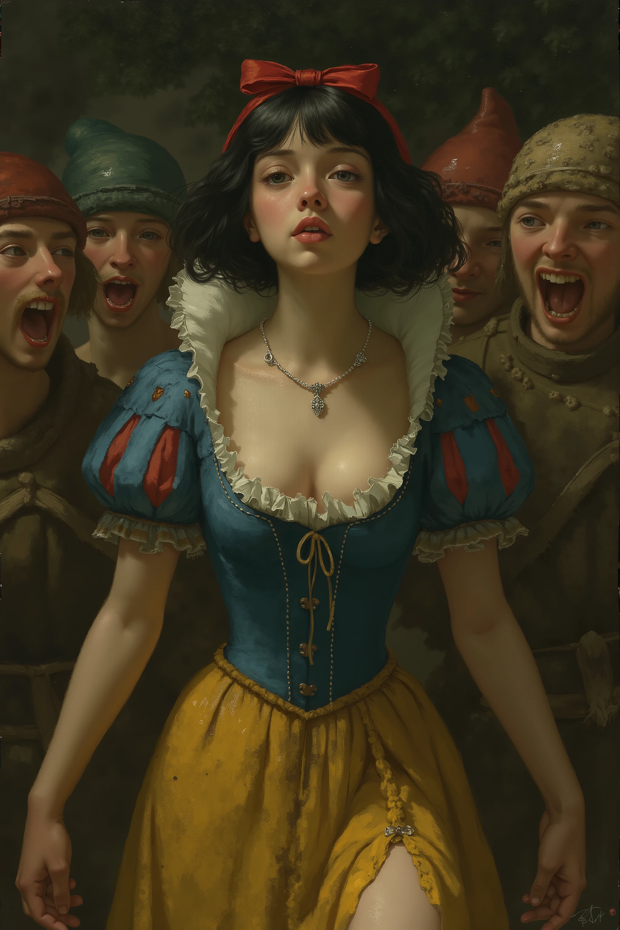 ((NSFW))
rmbt,
18th century,
One girl, seven men,
Young Snow White, Snow White gang-raped by seven dwarfs,
Everyone says Snow White is slutty,
She has short black bob hair with red ribbons,
She has white skin like snow,
She wears a blue bodice and a yellow miniskirt,
Her dress is worn and dirty,
The dwarfs have no habit of washing themselves, so Snow White has also stopped washing, so her white skin is covered in red and dull, and just like the dwarfs, she is covered in ticks and mites, with bumps all over her body,
She opens her bodice to show the dwarfs her breasts,
The dwarfs laugh at Snow White opening her bodice,
Snow White's skirt is cut short,
Snow White's bodice her front is slit vertically, exposing her nipples and navel,
Snow White's upper body is naked and her nipples are visible,
Snow White has become so lustful that she will have sex with anyone,
(Snow White spreads her legs wide in front of the dwarfs, revealing her black, rotten pussy),
The dwarfs thrust into Snow White's vagina one after another,
Snow White's clothes are disheveled and torn,
The seven dwarfs are very lustful and rape Snow White multiple times,
The cave deep in the forest is the home of the seven dwarfs and Snow White,
Snow White is pregnant but does not know it yet,
But the dwarfs know that someone has impregnated Snow White,
The dwarfs smell Snow White's body odor,
The dwarfs realize that it was the demon dog that they had raped as a joke that impregnated Snow White,