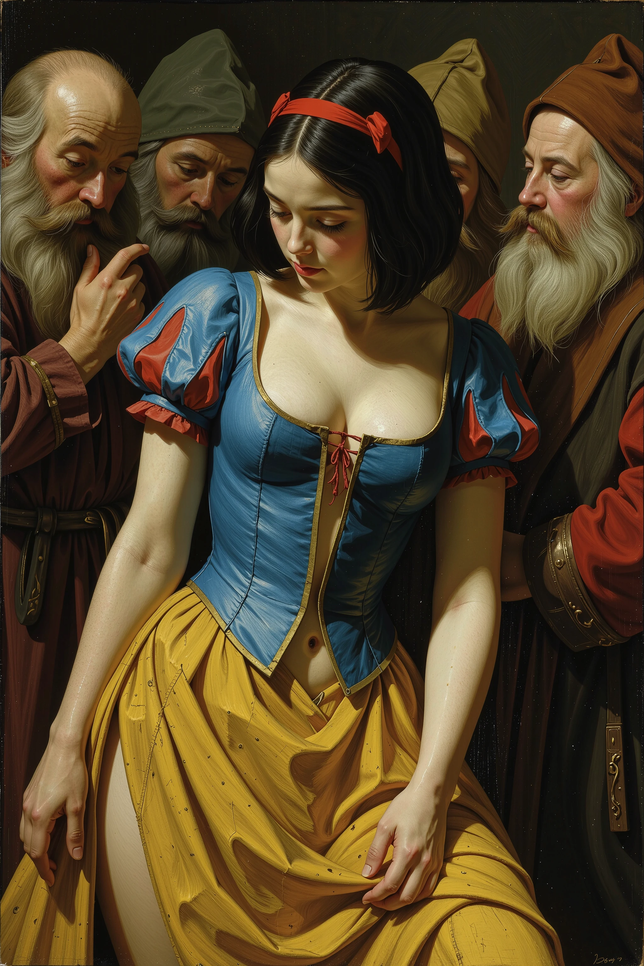((NSFW))
rmbt,
18th century,
One girl, seven men,
Young Snow White, Snow White gang-raped by seven dwarfs,
Everyone says Snow White is a slut,
She has short black bob hair with a red ribbon,
She has white skin like snow,
She wears a blue bodice and a yellow miniskirt,
Her dress is worn and dirty,
The dwarfs have no habit of washing their bodies, so Snow White has also stopped washing her body, so her white skin is covered in red and dull, and just like the dwarfs, she is covered in ticks and mites, with bumps all over her body,
She opens her bodice to show the dwarfs her breasts,
The dwarfs laugh as they see Snow White opening her bodice,
Snow White's skirt is cut short,
The front of Snow White's bodice is slit vertically to expose her nipples and navel exposed,
Snow White's upper body is naked and her nipples are visible,
Snow White has become so lustful that she will have sex with anyone,
(Snow White spreads her legs wide in front of the dwarfs to show them her black, rotten pussy),
The dwarfs thrust into Snow White's vagina one after another,
Snow White's clothes are disheveled and torn,
The seven dwarfs are very lustful and rape Snow White many times,
The cave deep in the forest is the home of the seven dwarfs and Snow White,
Snow White is pregnant but does not know it yet,
But the dwarfs know that someone has impregnated Snow White,
The dwarfs smell Snow White's body odor,
The dwarfs realize from Snow White's smelly body odor and the veins protruding from her lower abdomen that it was the demon dog that they had raped as a joke that impregnated Snow White,
The dwarfs stick their faces into Snow White's crotch as she spreads her legs and sniff her,