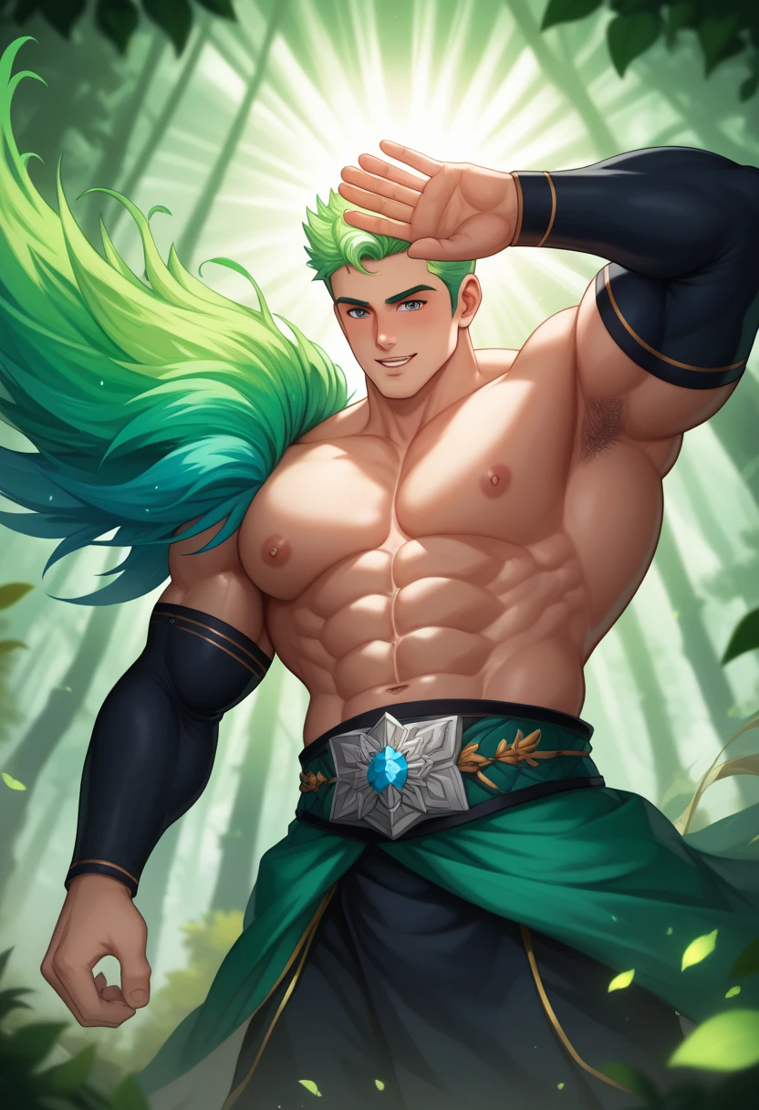 (((intricate design))) (((Top quality))) (((16K))) (((High Definition))) 16K splash art, photorealistic, high-res, ultra sharp, ((masterpiece)), the best quality, expressive eyes, perfect face, Super eyes, perfectly detailed anatomy, man , thick thighs, large bulge, (((Volumetric lighting))) (((cinematic light))) (((1male))) (((bodybuilder))) (((muscular))) metrosexual, strong jawline, pale skin, coloured tattoos, glowing yellow eyes, attractive male deity, beautiful male elf, clothes themed on a peacock mage, green hair, man bun, feather veil, feathers, feathers in the wind, bamboo forest, gold necklace, gold rings,