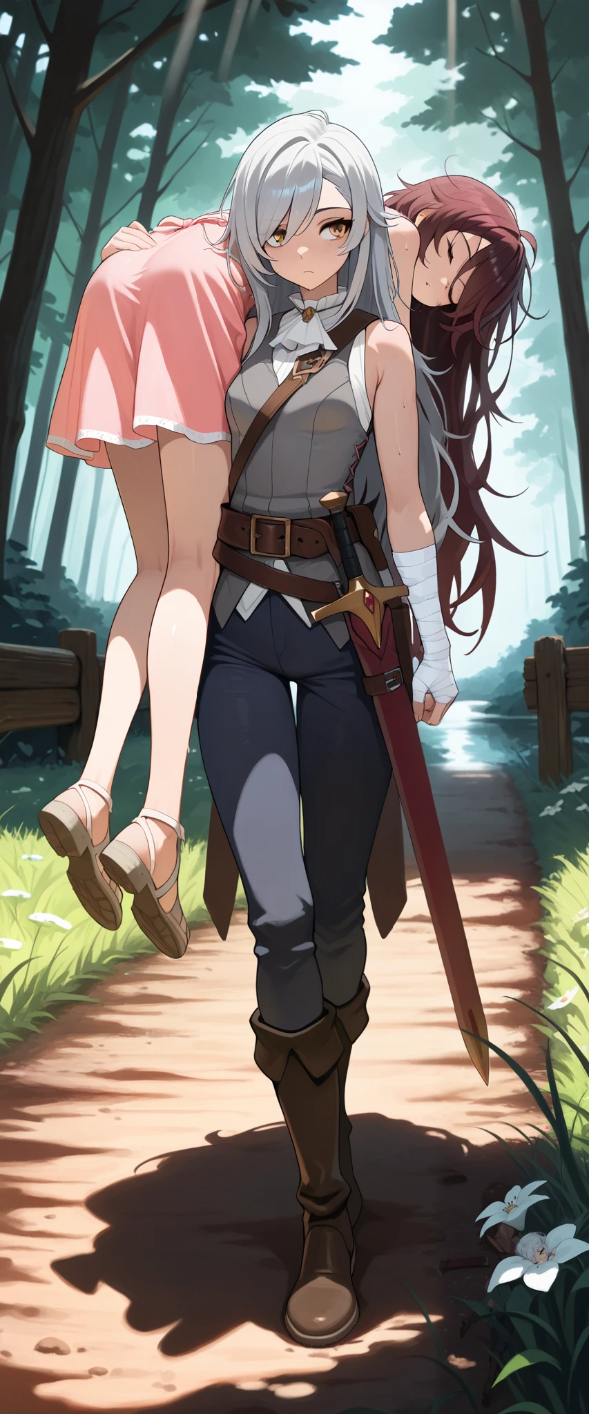 (masterpiece:1.2, Best Quality), (finely detailed beautiful eye: 1.2), (beautiful detailed face), full body, sweat, dirt road, wooden planks, trees, pond, tall grass, flowers, wooden signs, 2girls, sweat, carrying, carrying over shoulder, hand on ass, character: messy hair , yellow eyes, long hair , gray hair, light skin , yellow eyes , gray sleeveless vest with white frill trim , thin , light gray sleeveless shirt , dark blue trousers, black boots,character: brown hair , sleeping, brown eyes , very long hair , swept bangs thin , small breasts , bare shoulders , pink sundress , backless sundress , bandaged hands , spaghetti strap sundress , sundress with white frill trim , brown belt , brown combat boots , dagger sheathe attached to belt , thin legs , thin thighs , swordbelt , sword sheathe , sword pommel , thin legs , thin thighs , dark red swordbelt , sword sheathe , sword pommel, satchel, bags, leading horse, sun rays, shade,