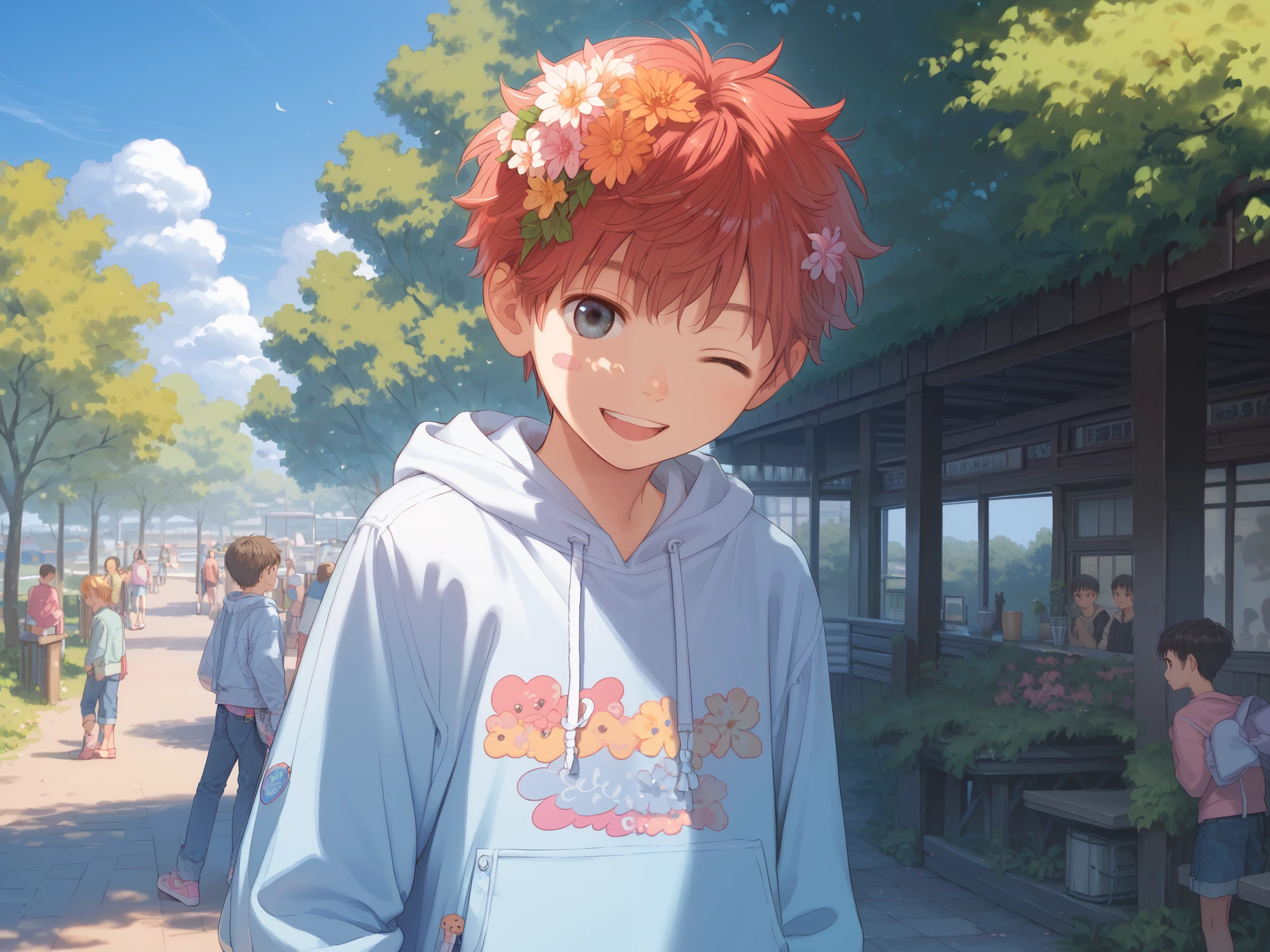 1 boy, (young boy), solo, cute, ikemen, (about ), (black short straight hair), (big eyes, clear eyes), happy smile, white long sleeve hoodie, washed out denim jeans, standing, looking at ity, (beautiful detailed eyes, detailed hair, detailed face), (colorful, pastel colors), 8k, masterpiece, ridiculous resolution, super high resolution, ((detailed shading)), ((cherry blossom tree in full bloom background), , ((one eye closed)), ((lean forward)), (pastel coloring),