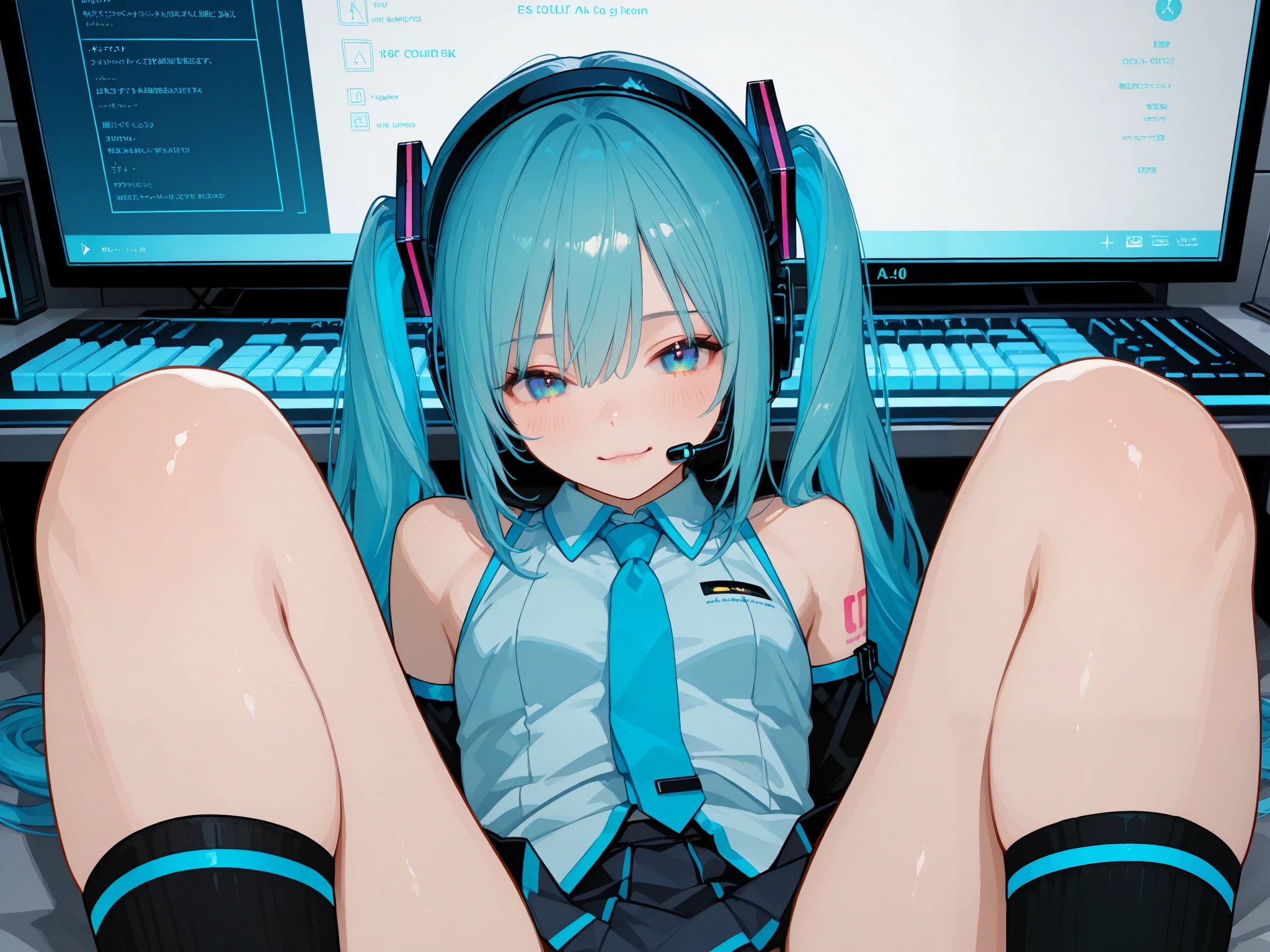 General,1girl,large aqua blue eyes and long aqua blue twin tails featuring gradient and glossy texture, showing a soft and cheerful expression, wearing a futuristic gray and aqua blue outfit, including a sleeveless top with a tie, a pleated skirt with aqua blue accents, black over-sleeves with a keyboard design, and black thigh-high socks with aqua blue stripes, equipped with a headset on her head, a 01 tattoo on her left arm, and aqua blue nails, depicted in chibi style with high detail and ultra-realistic rendering, focusing on the character's facial expression and outfit details, masterpiece quality in 8k resolution