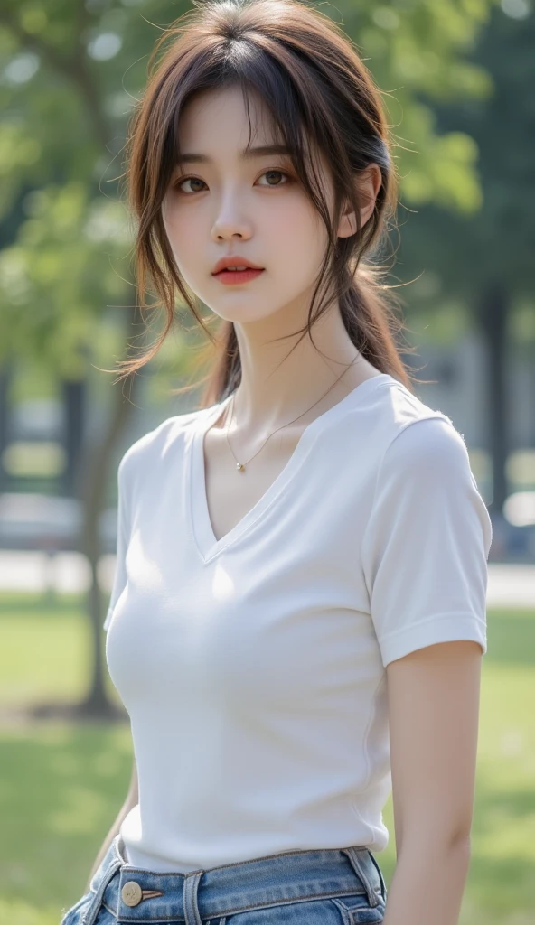 Extreme close-up of beautiful korean female, 34 inch breasts size, wearing polo shirt, sitting on the rooftop, UHD
