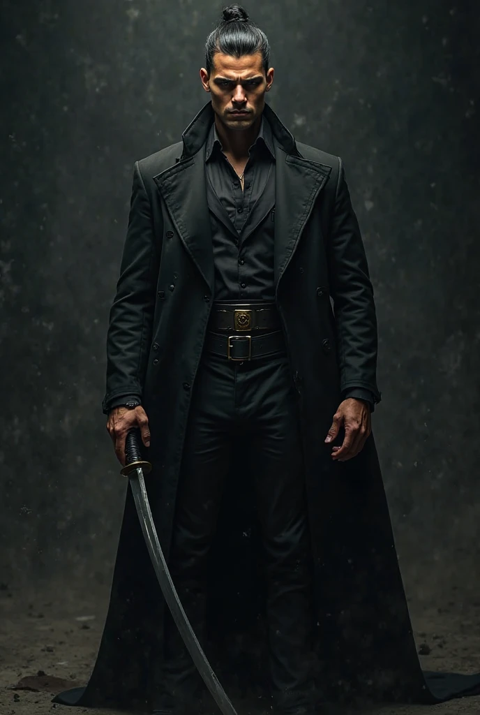 serious man, with very dark skin, shirtless, wearing black pants and a top hat almost hiding his face, wearing a black cape, holding a trident and a cigar in the other hand. mysterious, brave.