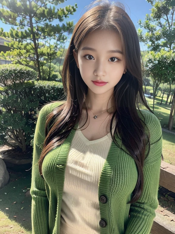 Close-up of beautiful Korean woman, 36 inch chest size, Smile, Wearing a patterned vest, necklace,(A girl in the forest),