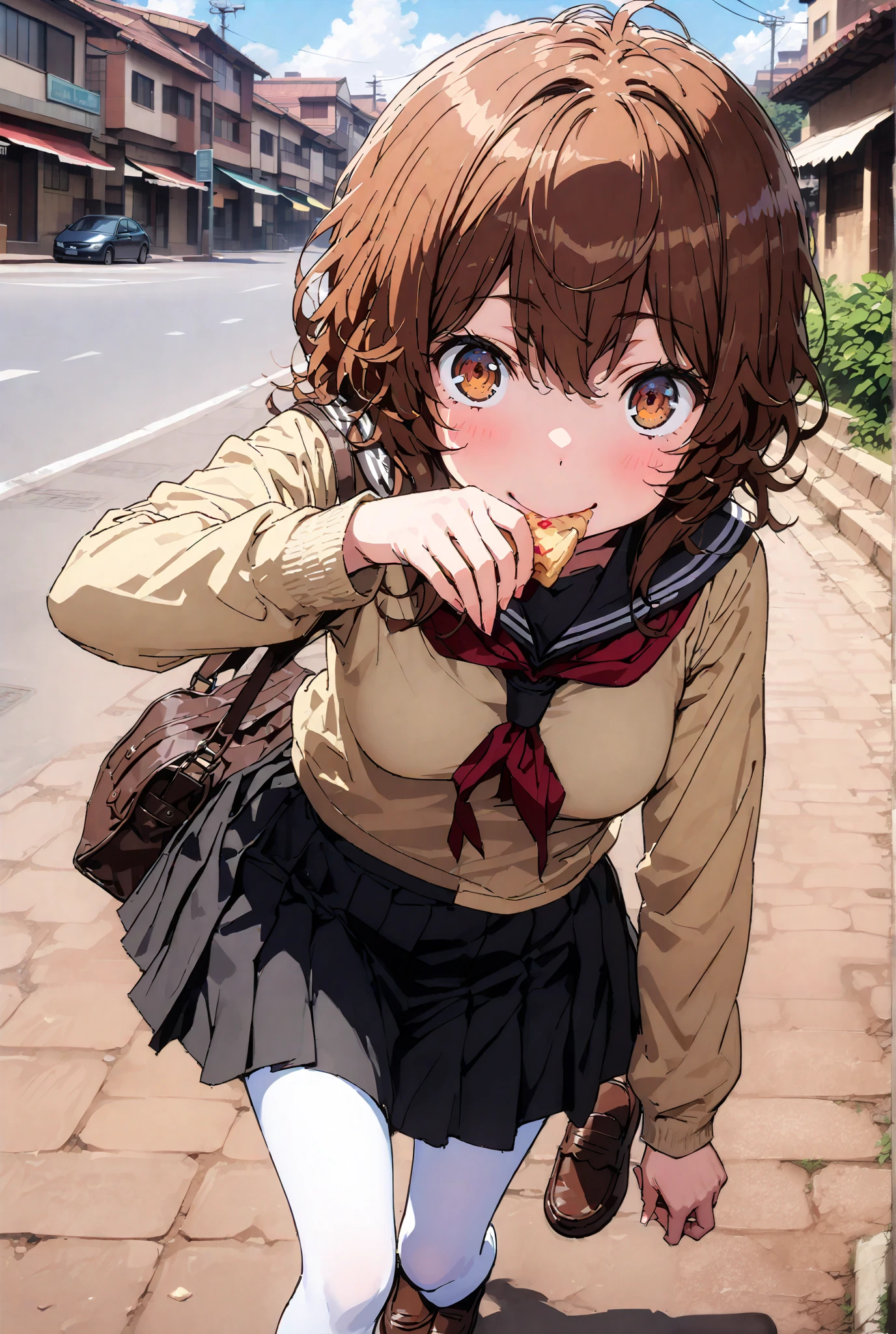 Liliru Card, Lilylka Alde, brown eyes, black cock, smile,cover,opens her mouth,short hair,Black sailor suit,red 弓tie, yellow cardigan , black mini pleated skirt ,white pantyhose as if it were in the illustration,loafers,Holding a crepe with one hand,School bag,Creperie,is walking,Beautiful Scenery,noon,full bodyかイラストに入るように,break outdoors, residential area,
break looking at viewer,full body,
break (masterpiece:1.2),Highest Quality , kampala, Unity 8K Wallpaper ,(shape:0.8),( fine, beautiful eyes :1.6),It's a person ,full body写真,CG Details , (perfect hands,complete anatomy),