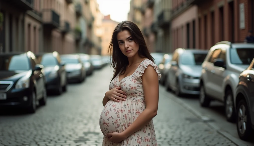 hyperpreg, Beautiful girl with wavy long hair, bohemian dress,heavily pregnant with multibles, leans against a wall on the sidewalk,